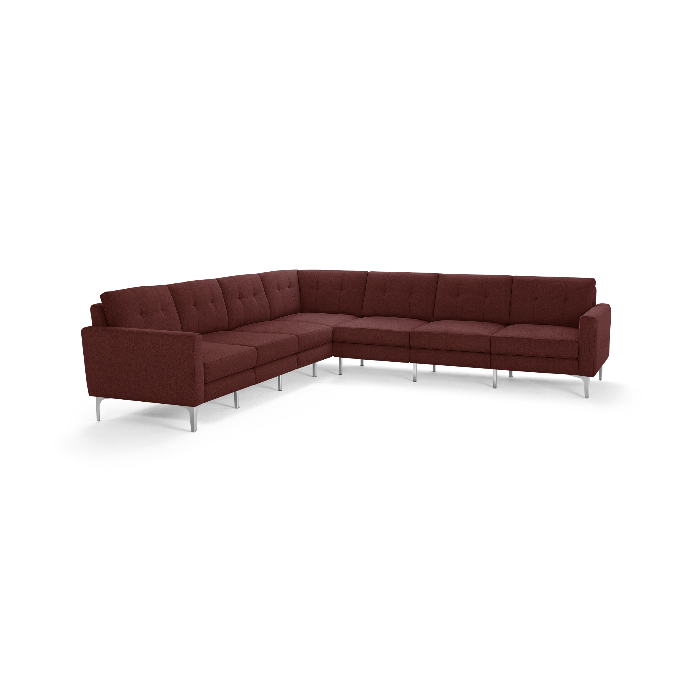 Modern sectional sofa in deep red fabric with tufted back cushions and sleek silver metal legs, designed for spacious seating.