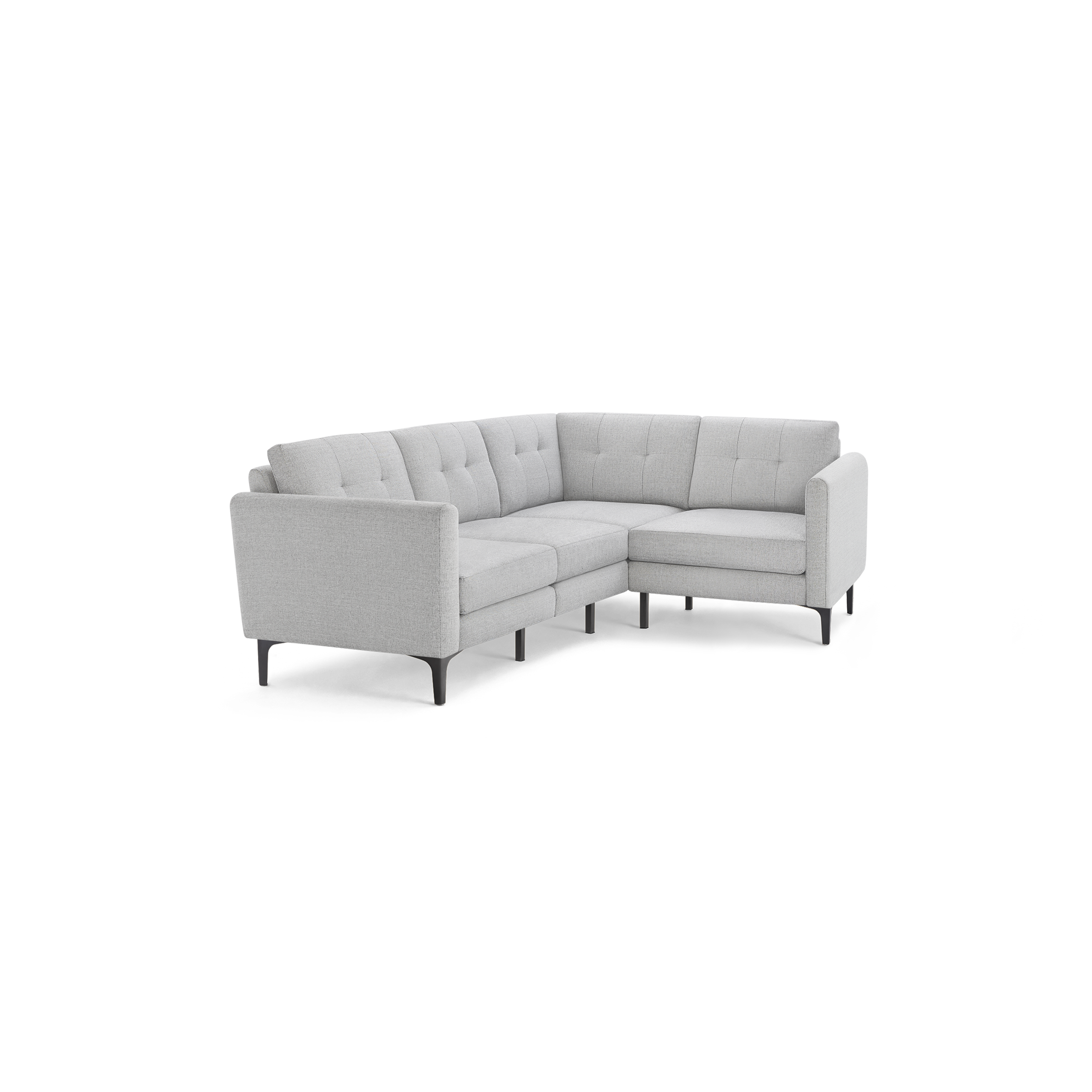 Light gray modern L-shaped sectional sofa with tufted back cushions and slim black metal legs on a white background.