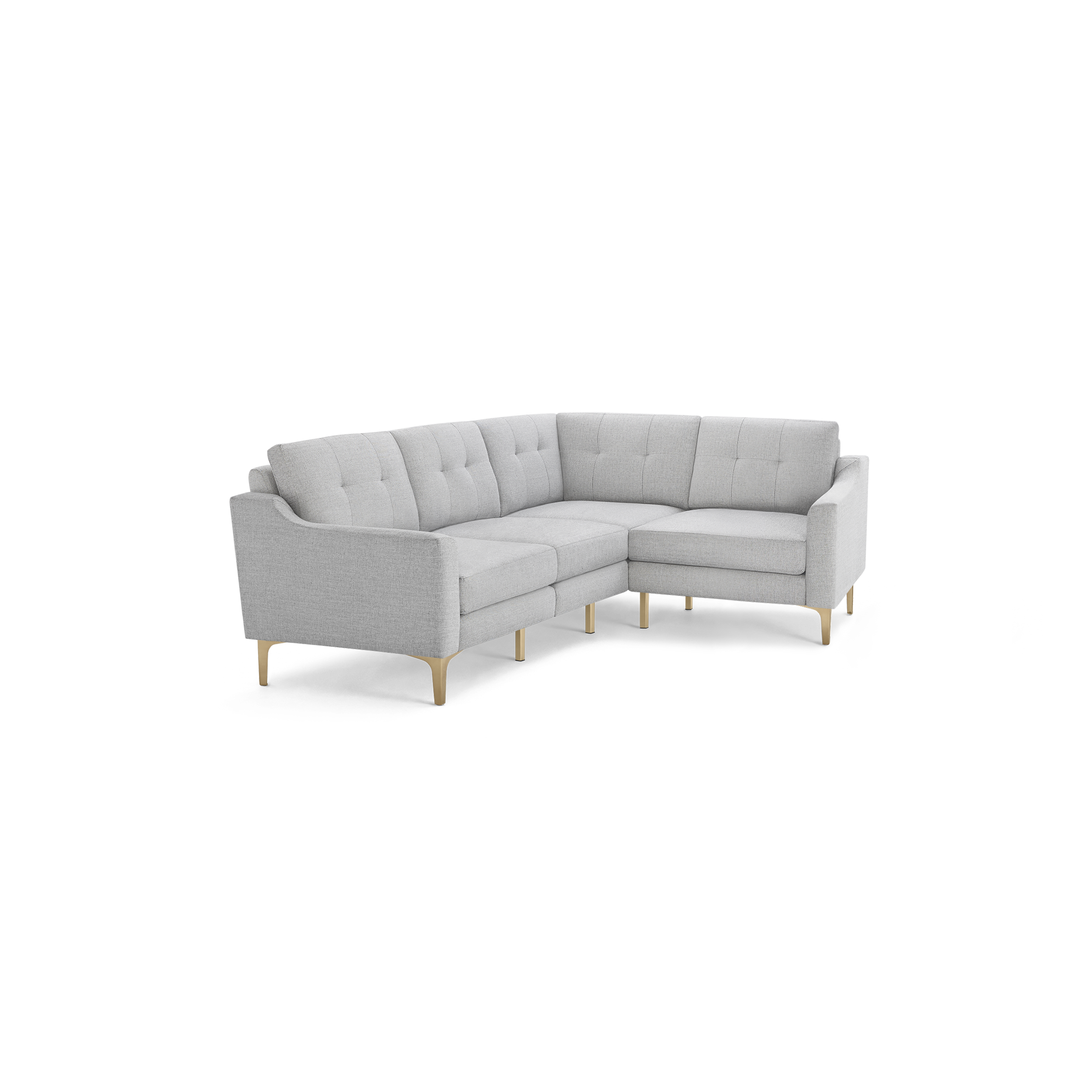 Light gray L-shaped sectional sofa with tufted back cushions and slim wooden legs, featuring modern design and clean lines.