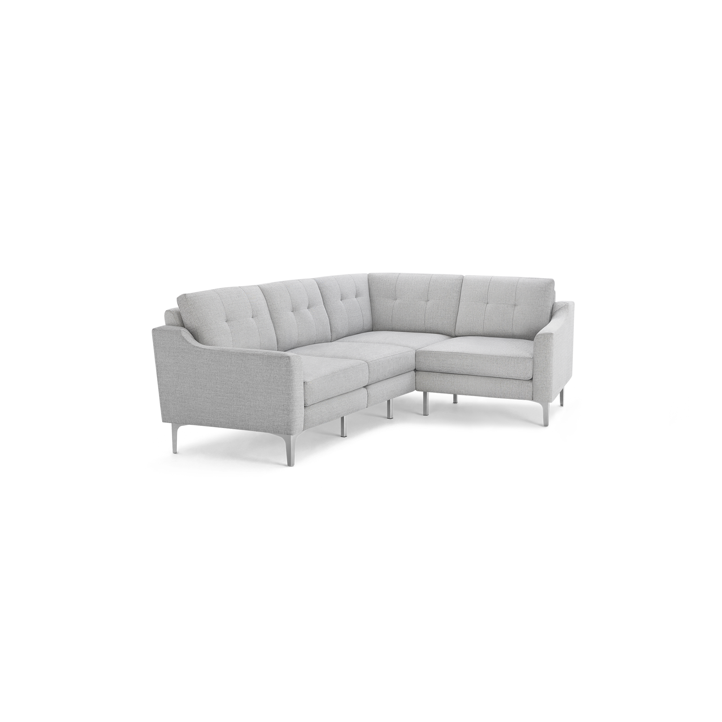 Light gray L-shaped sectional sofa with tufted back cushions, slim arms, and metal legs, modern and minimalist design.