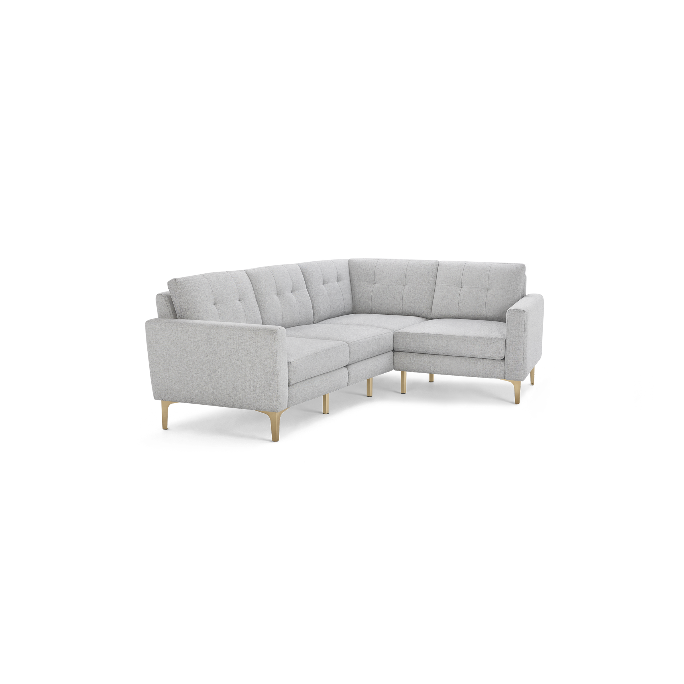 Light gray fabric L-shaped sectional sofa with tufted cushions and wooden legs, modern mid-century design.