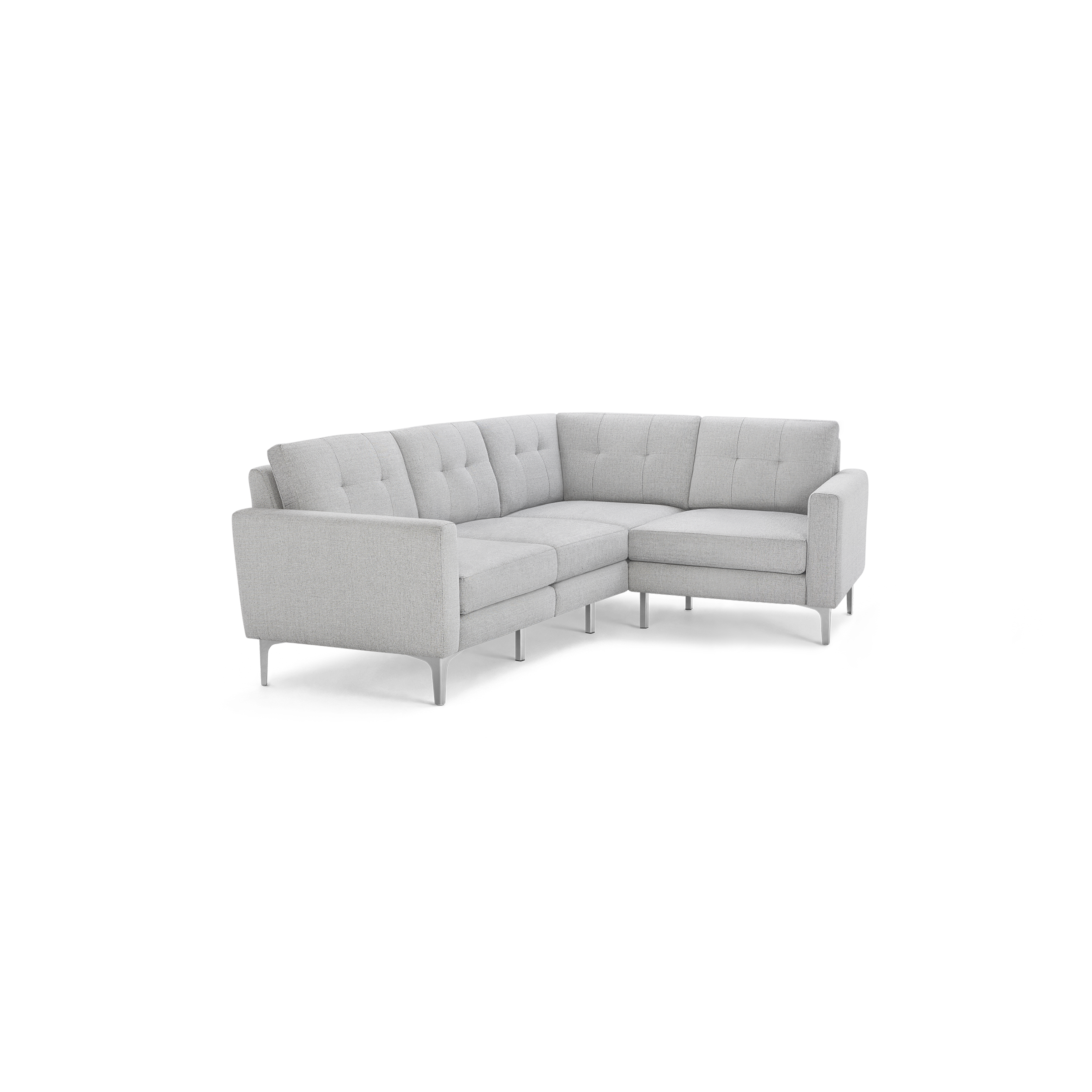 Light gray modern L-shaped sectional sofa with tufted back cushions, slim armrests, and metal legs on black background.