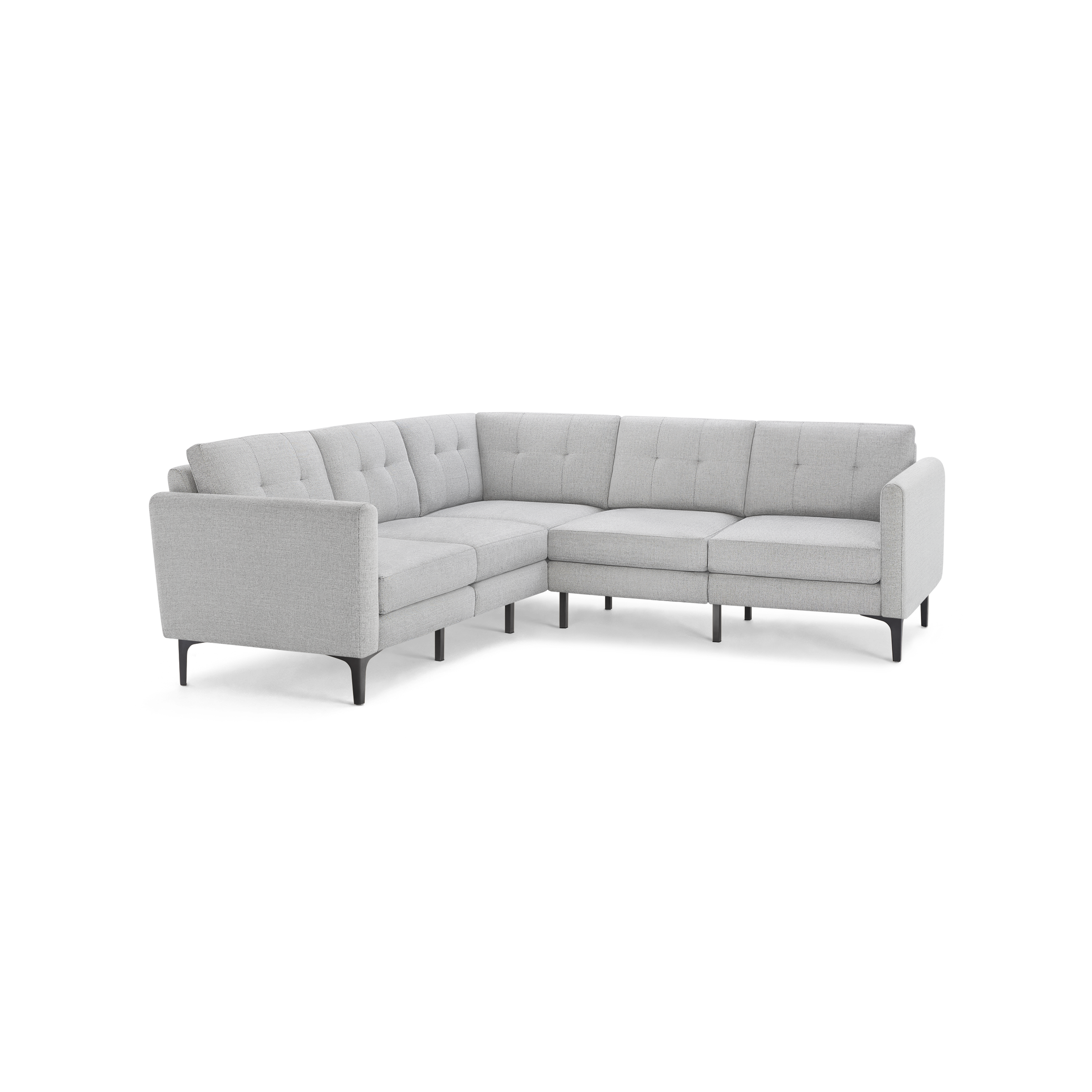 Light gray modern L-shaped sectional sofa with tufted back cushions and slim black legs, designed for corner placement.