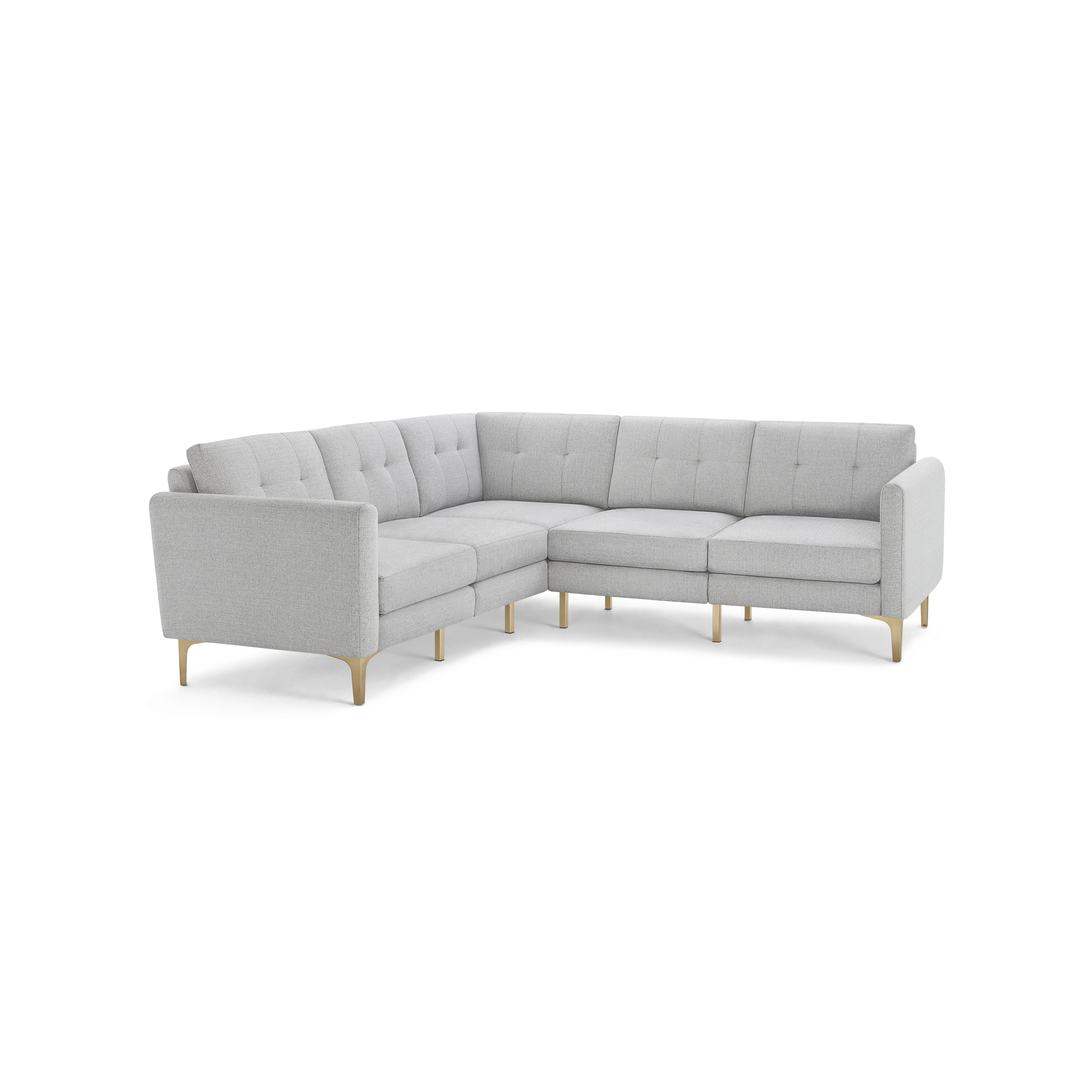 Light gray fabric upholstered L-shaped sectional sofa with tufted back cushions and wooden legs.