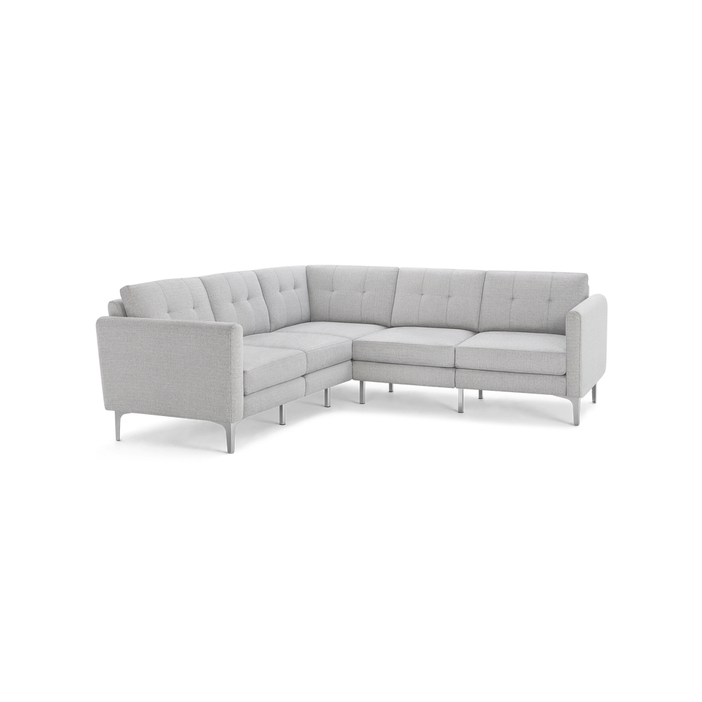 Light gray L-shaped modern sectional sofa with tufted back cushions and slim metal legs, designed for contemporary living spaces.