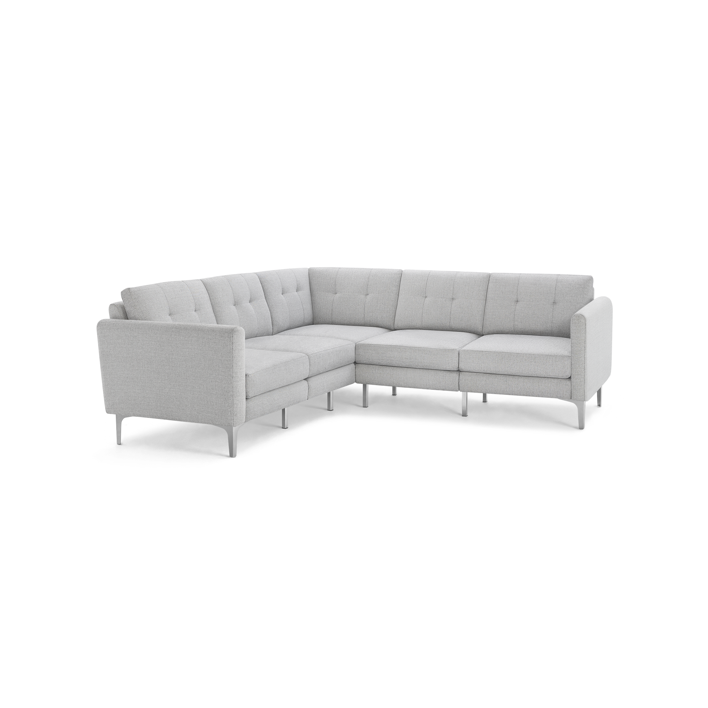 Light gray L-shaped modern sectional sofa with tufted back cushions and slim metal legs, designed for contemporary living spaces.