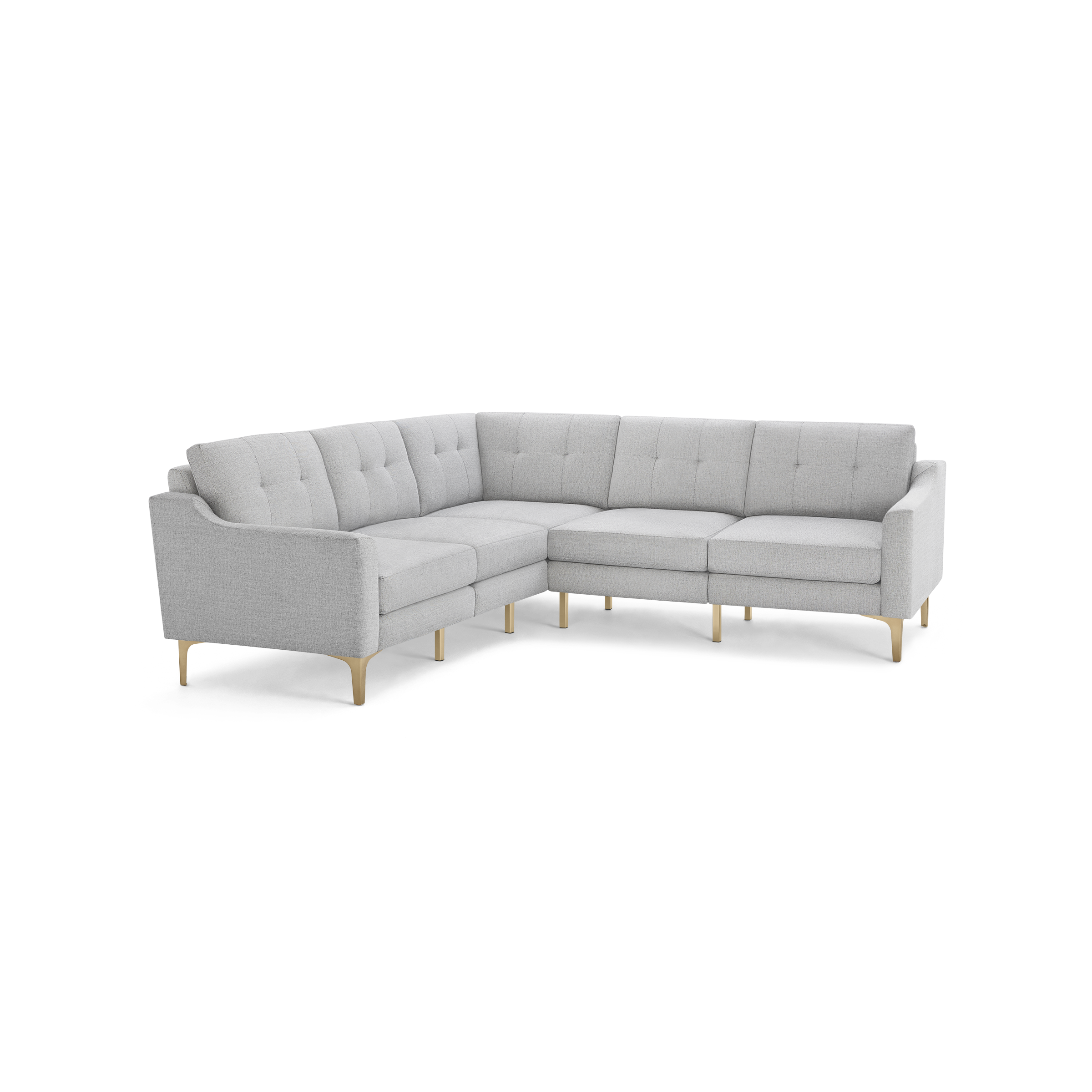 Light gray L-shaped sectional sofa with tufted cushions and wooden legs, featuring clean lines and modern design.