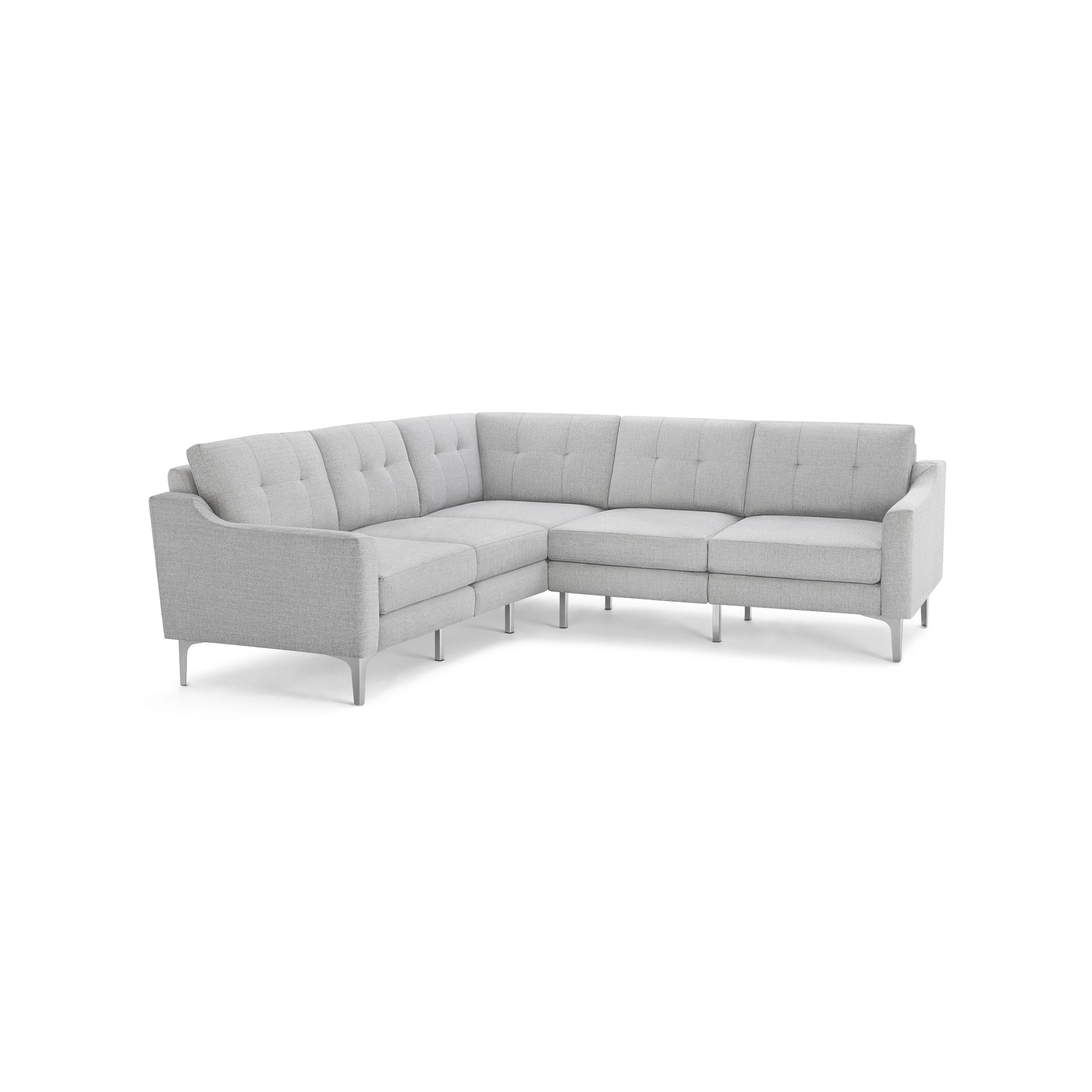 Light gray modern L-shaped sectional sofa with tufted back cushions, slim armrests, and metal legs on a black background.