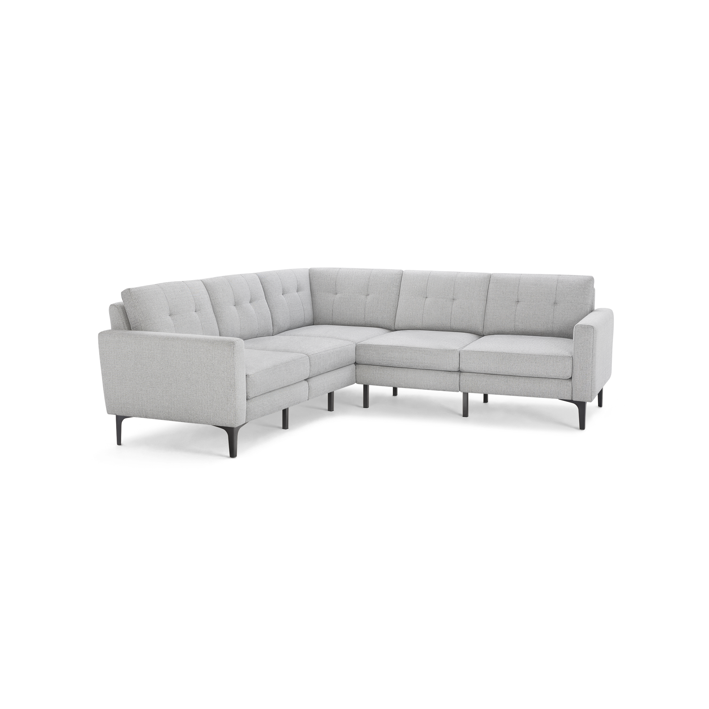 Light gray modern L-shaped sectional sofa with tufted back cushions and slim black legs.