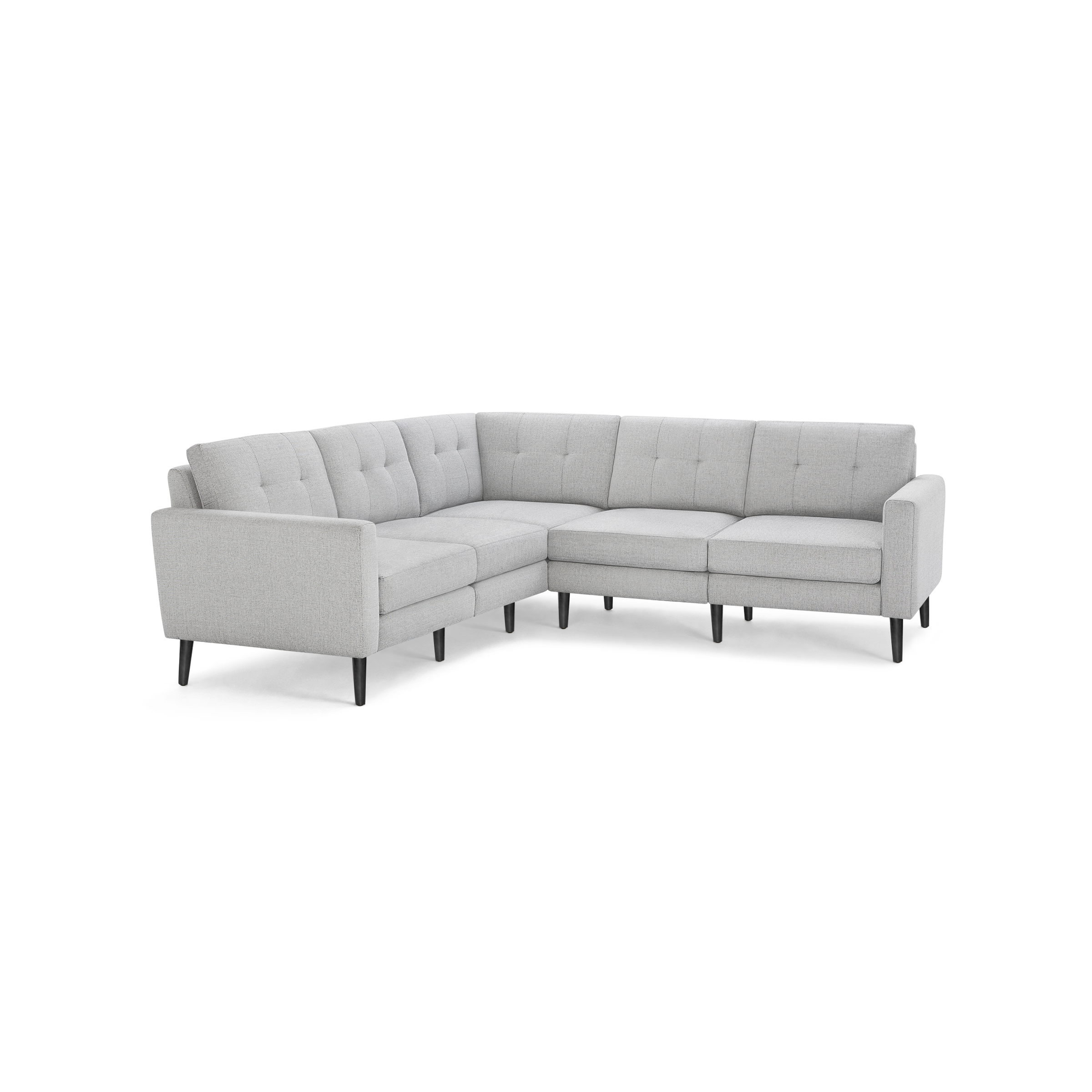Light gray L-shaped sectional sofa with tufted back cushions, cushioned seats, slim armrests, and black tapered legs.