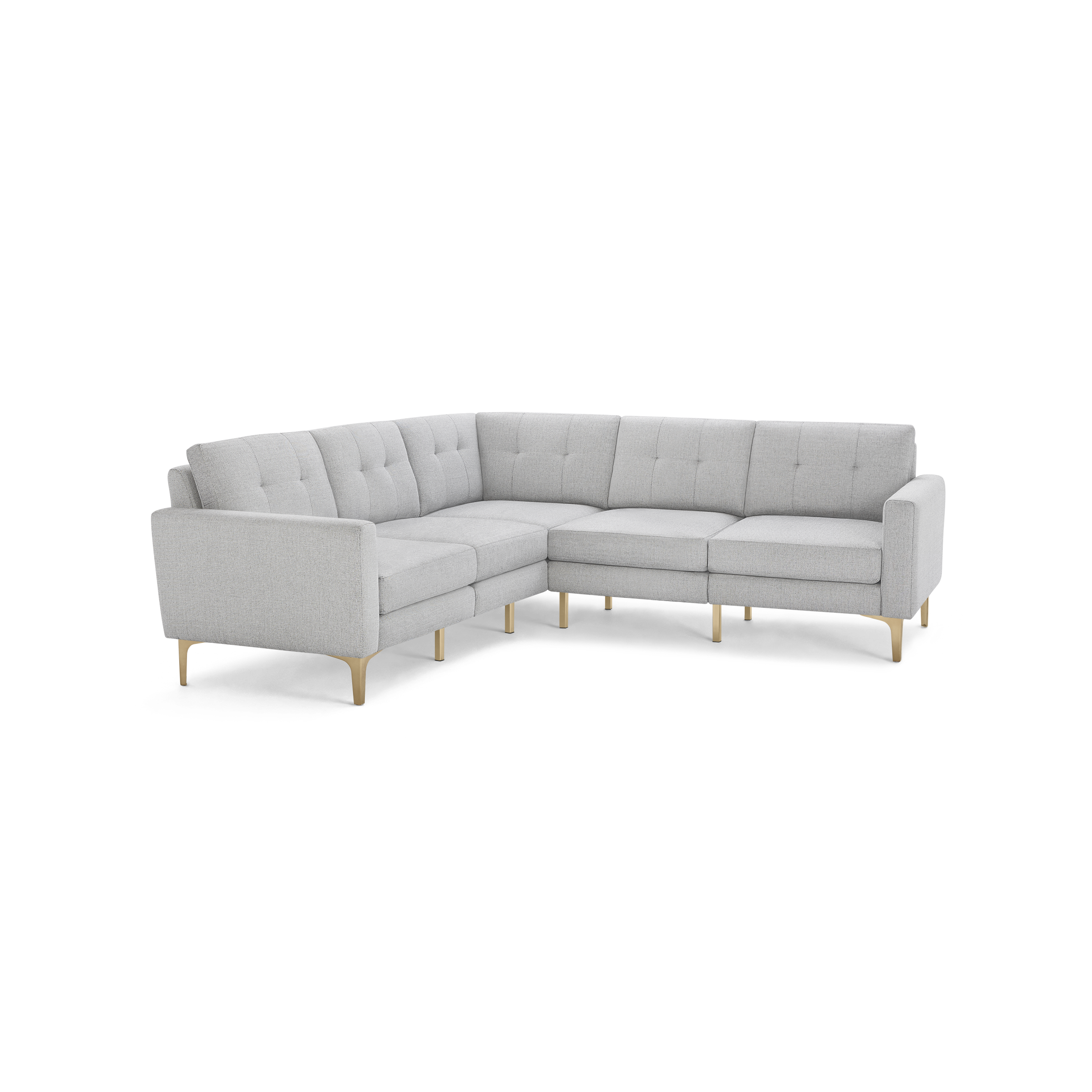 Light gray tufted fabric sectional sofa with wooden legs, featuring clean lines and cushioned seats and backrests.