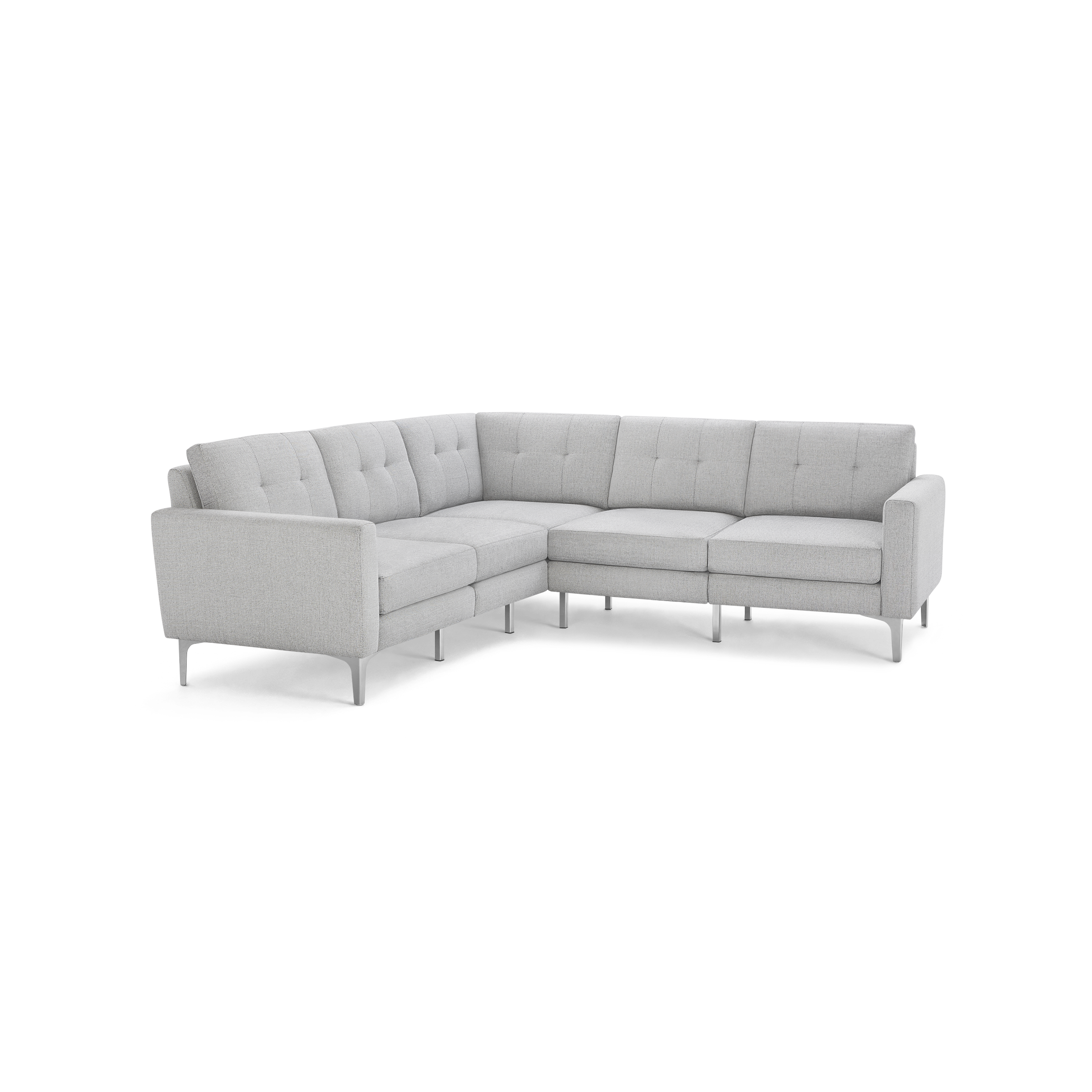 Light gray L-shaped sectional sofa with tufted back cushions and slim metal legs, offering modern and spacious seating.
