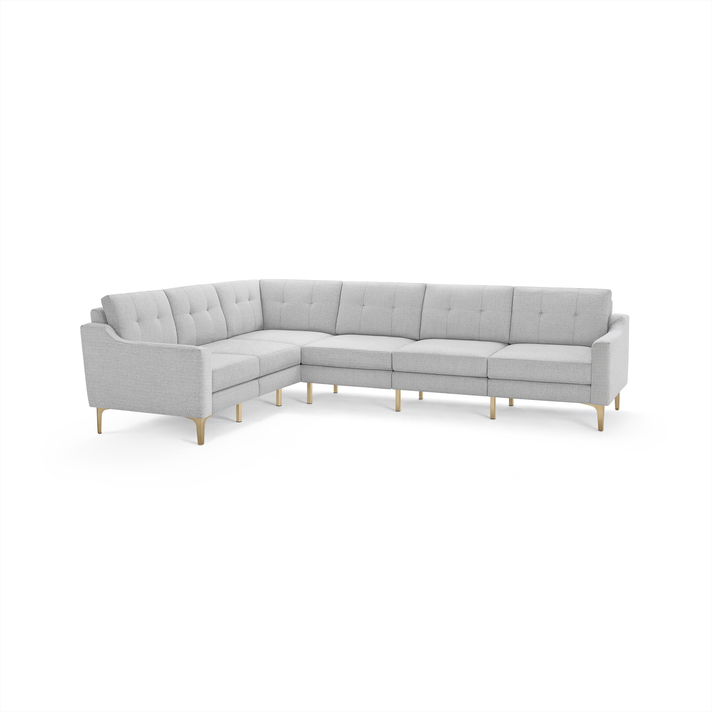 Light gray L-shaped sectional sofa with tufted back cushions and wooden legs, featuring a modern, minimalist design.