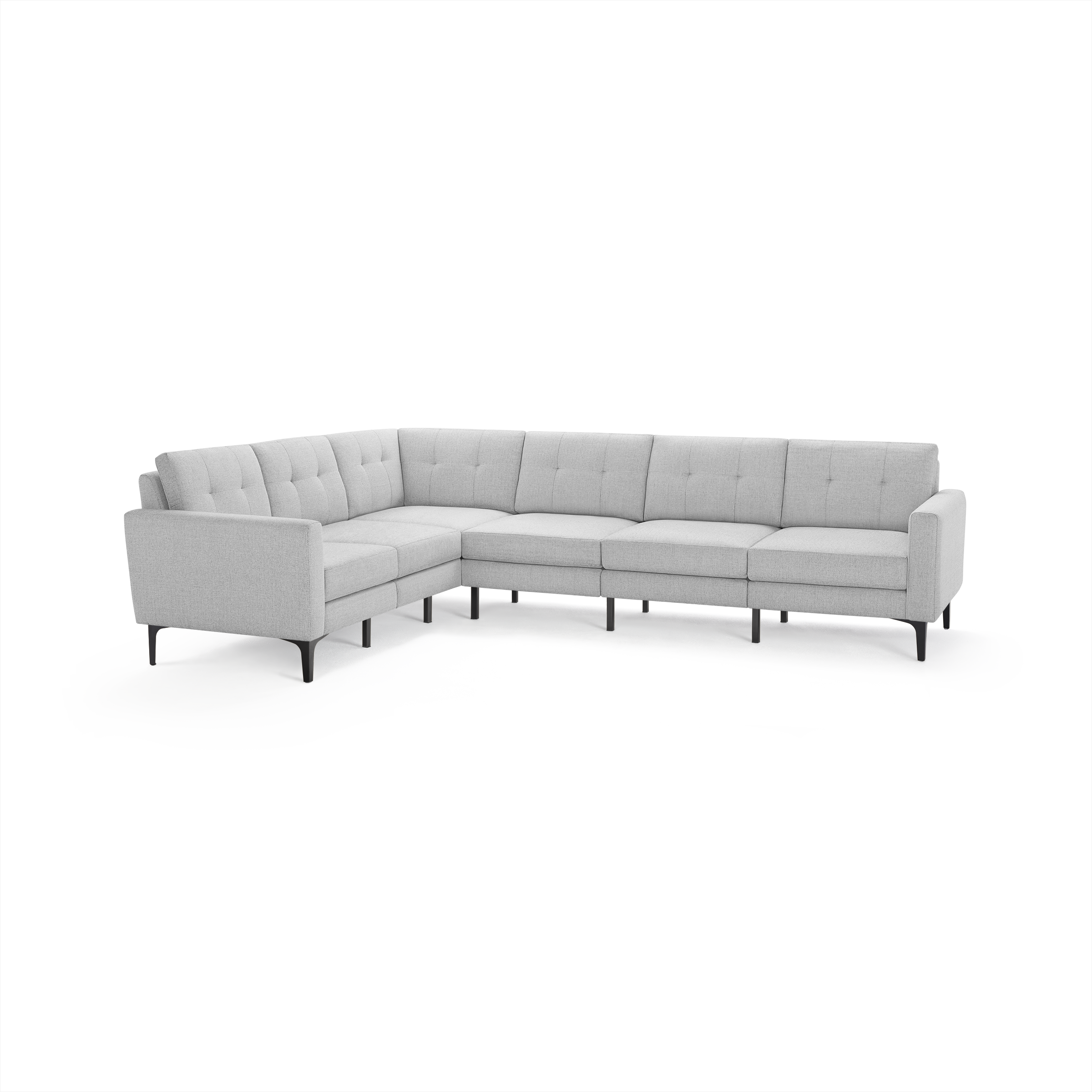 Light gray L-shaped sectional sofa with tufted cushions, slim black metal legs, and modern minimalist design.