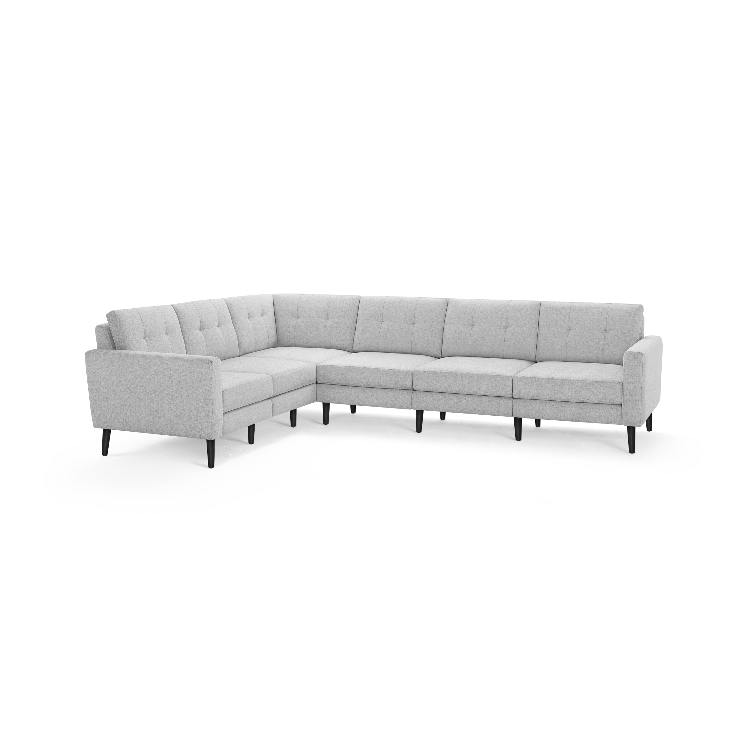 Light gray L-shaped sectional sofa with tufted back cushions and slim black legs, modern minimalist design.