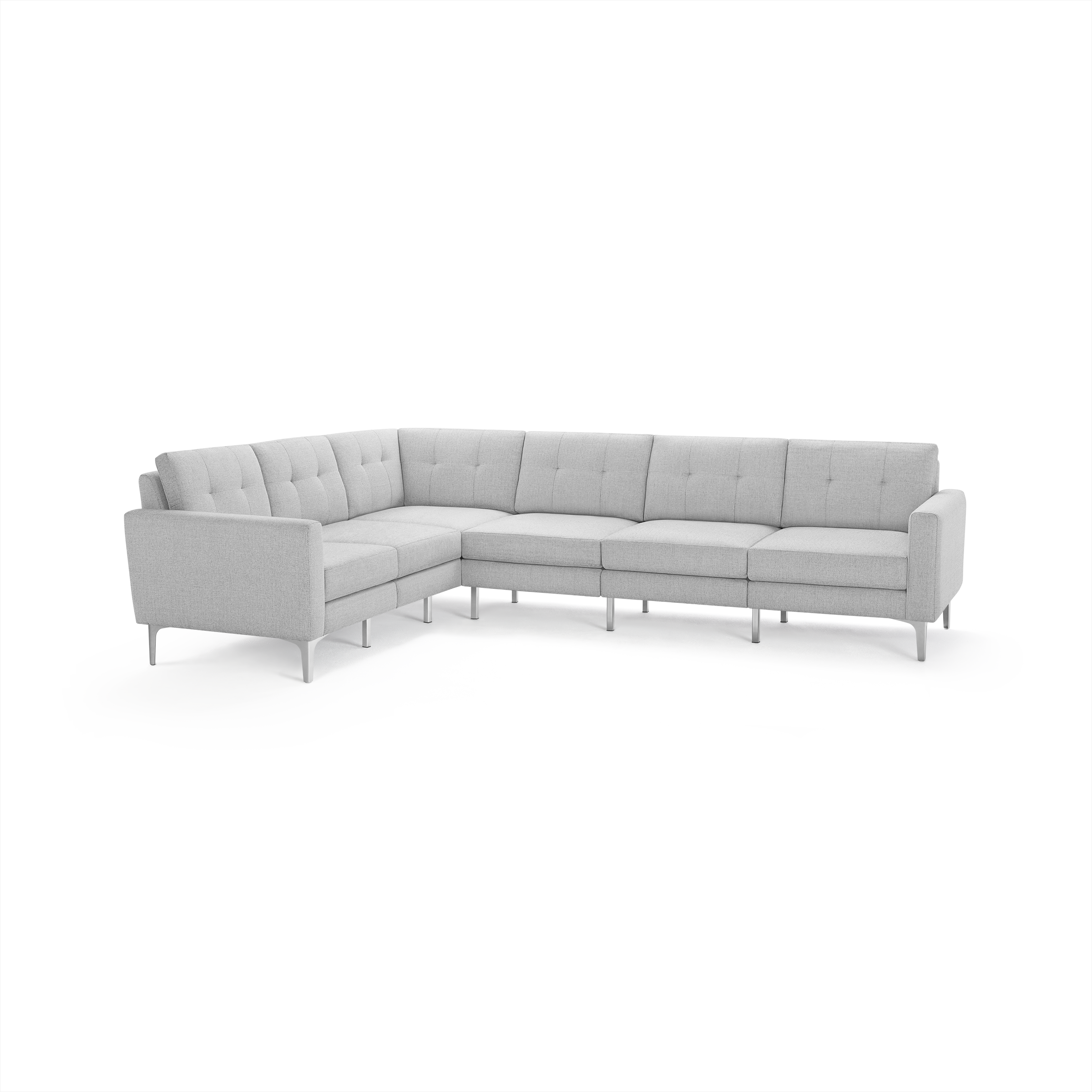 Light gray L-shaped sectional sofa with tufted back cushions and slim metal legs, designed for modern living spaces.