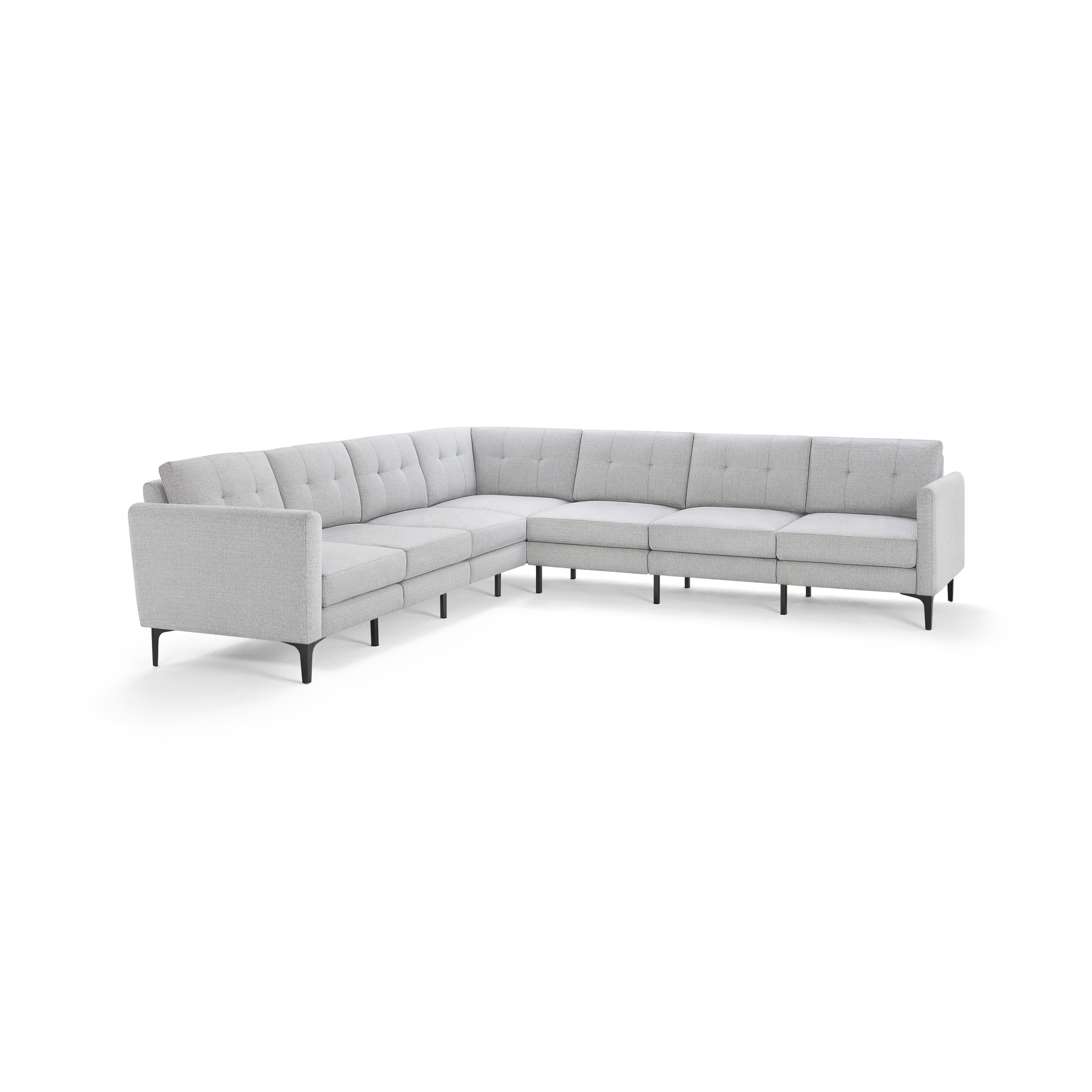 Light gray modern L-shaped sectional sofa with tufted back cushions and slim black metal legs on white background.