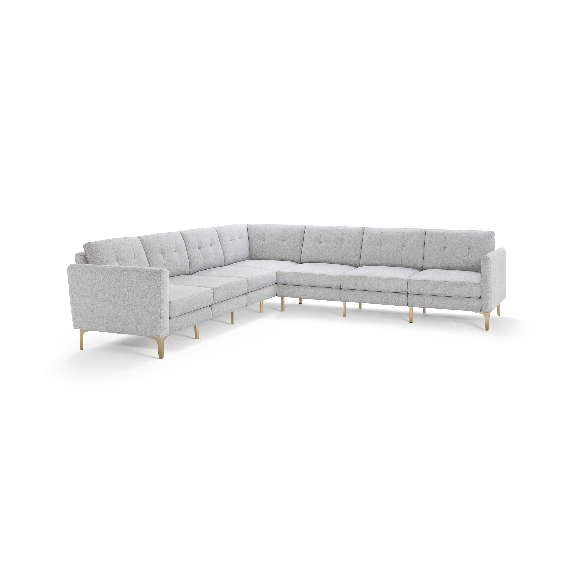 Light gray L-shaped sectional sofa with tufted cushions and wooden legs, modern and minimalist design.