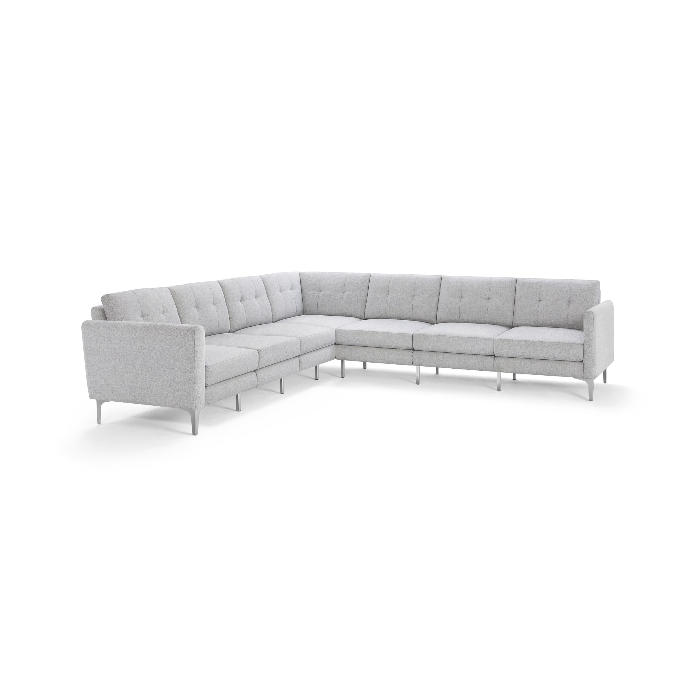 Light gray modern L-shaped sectional sofa with tufted cushions and slim metal legs on a white background.