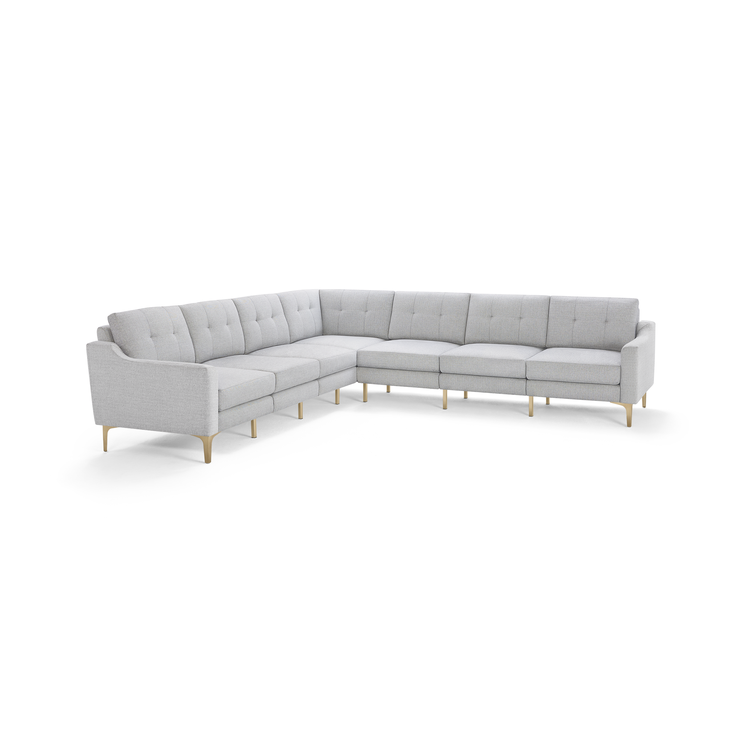 Light gray L-shaped sectional sofa with tufted back cushions and wooden legs in a modern minimalist design.