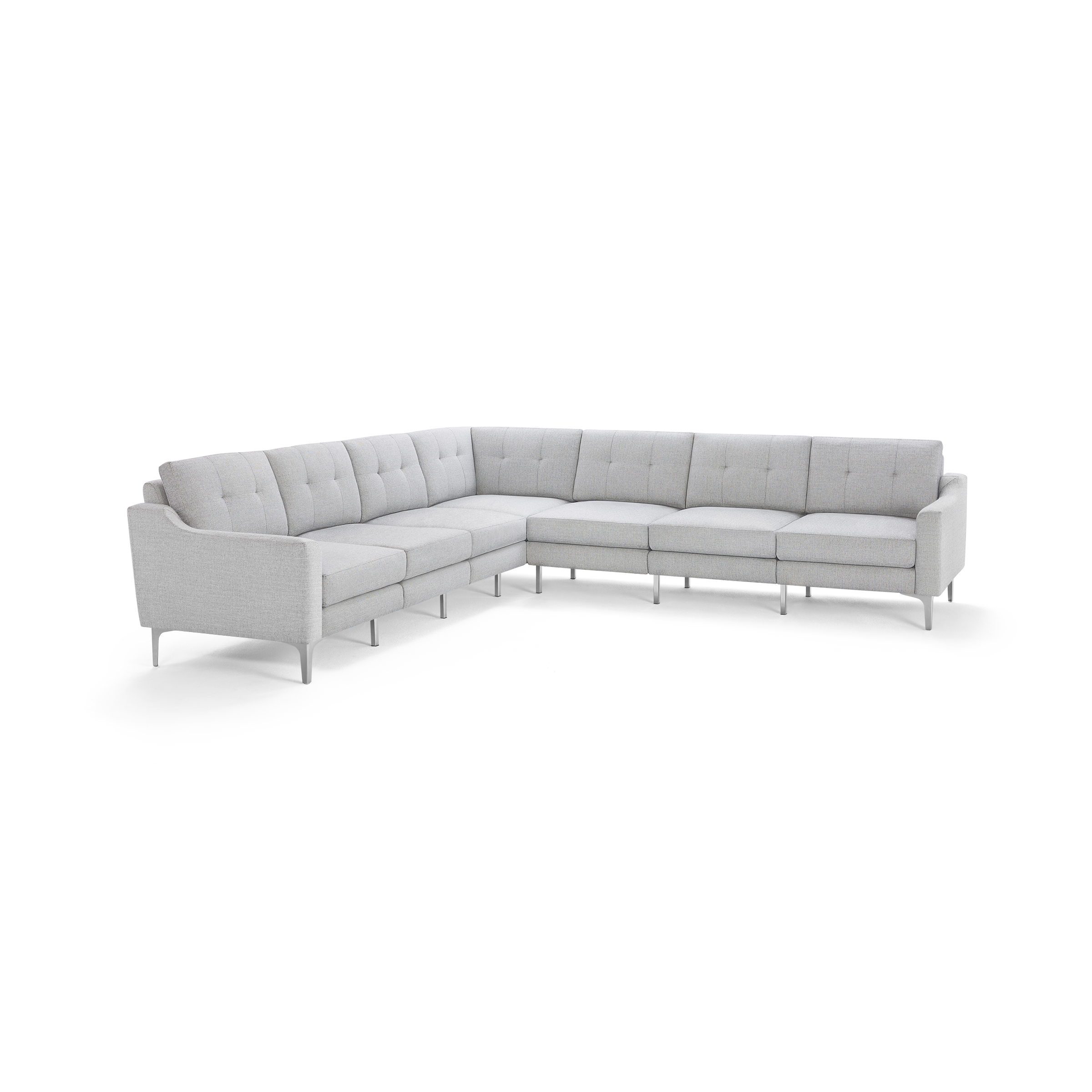 Light gray fabric sectional sofa with tufted back cushions, slim armrests, and metal legs in an L-shaped configuration.