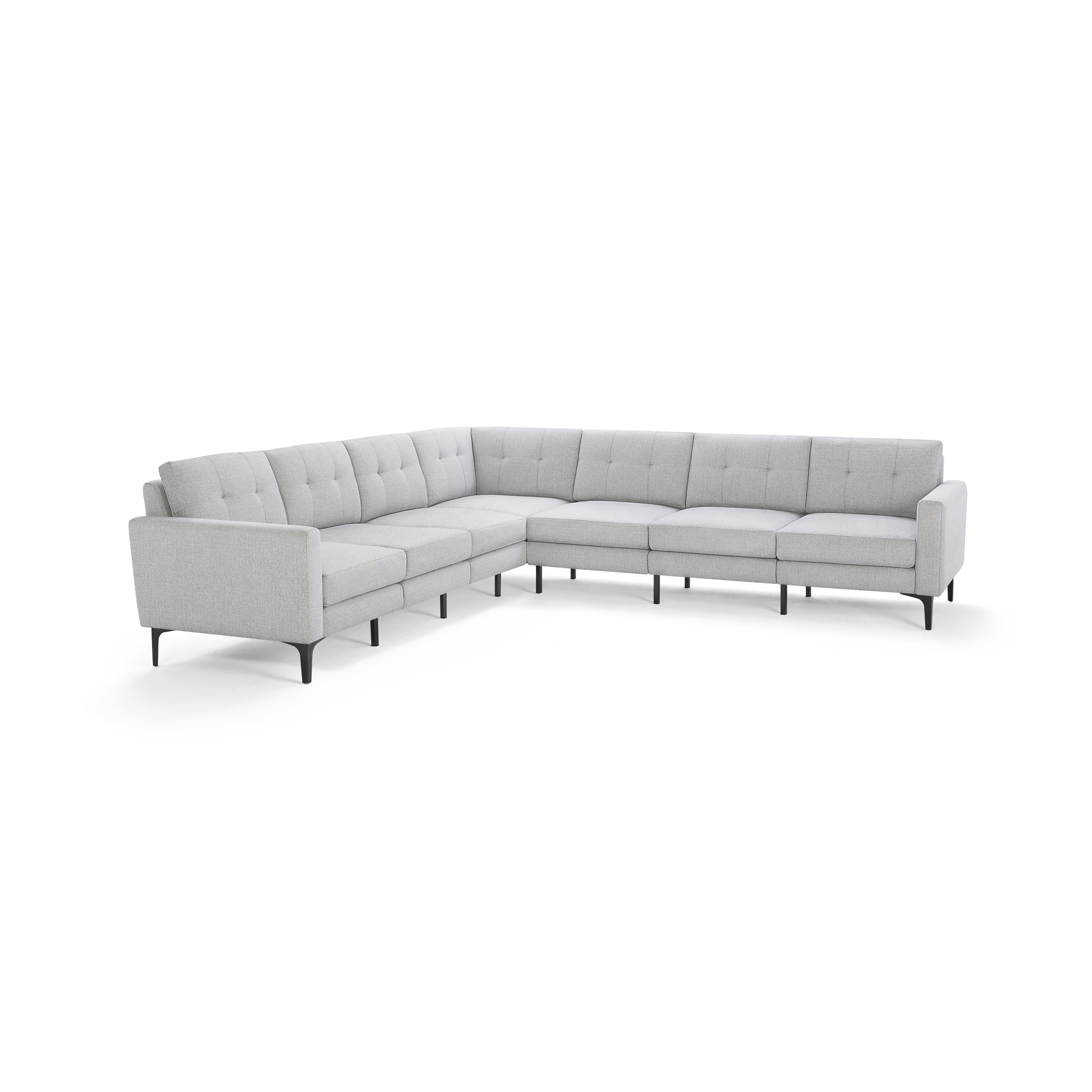 Light gray L-shaped sectional sofa with tufted cushions, slim black legs, and clean modern design.