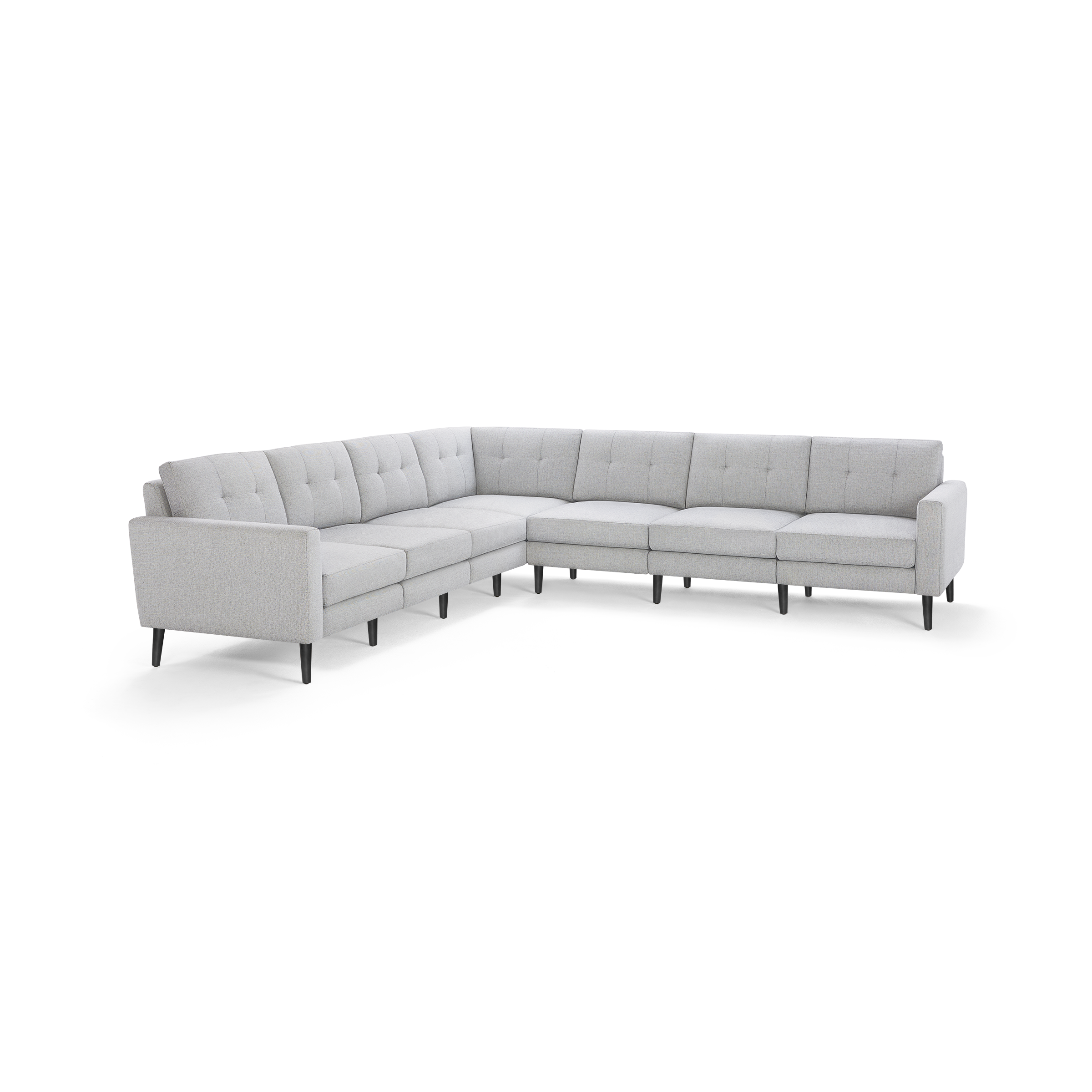 Light gray L-shaped sectional sofa with tufted back cushions and slim black legs, designed for modern living spaces.