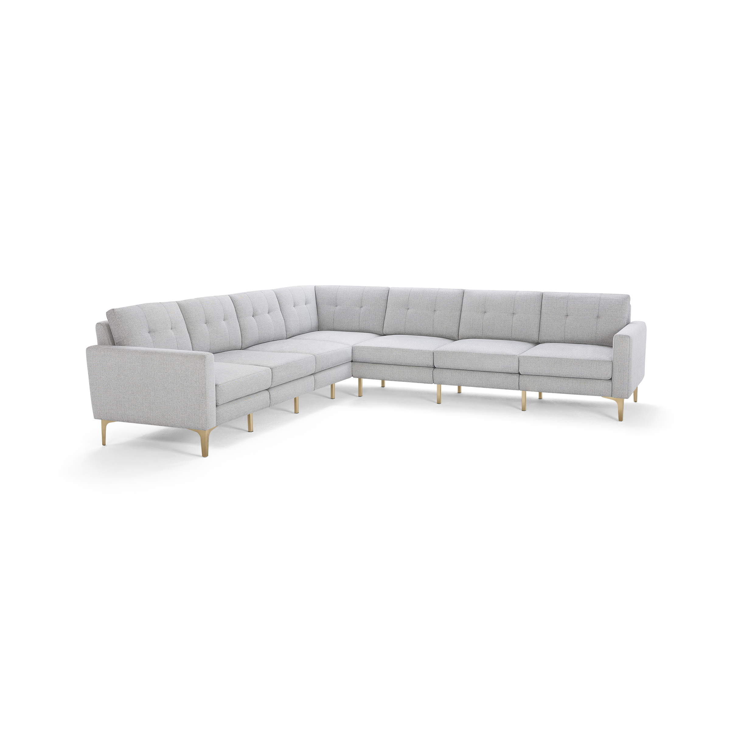 Light gray L-shaped sectional sofa with tufted cushions, slim armrests, and wooden legs, designed for modern living spaces.