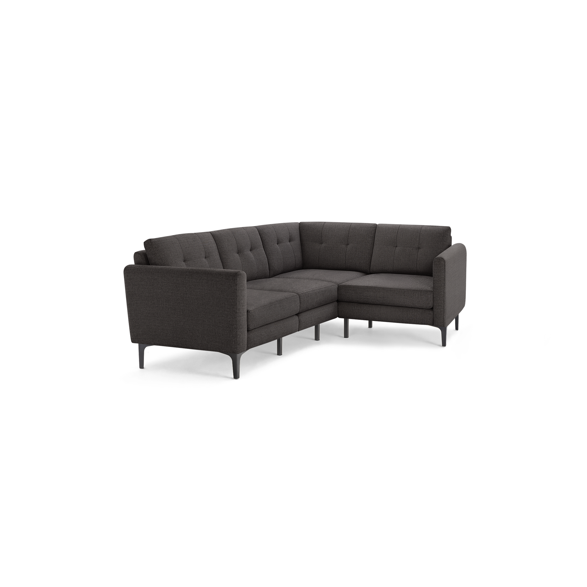 Modern dark gray fabric L-shaped sectional sofa with tufted back cushions and slim black metal legs.