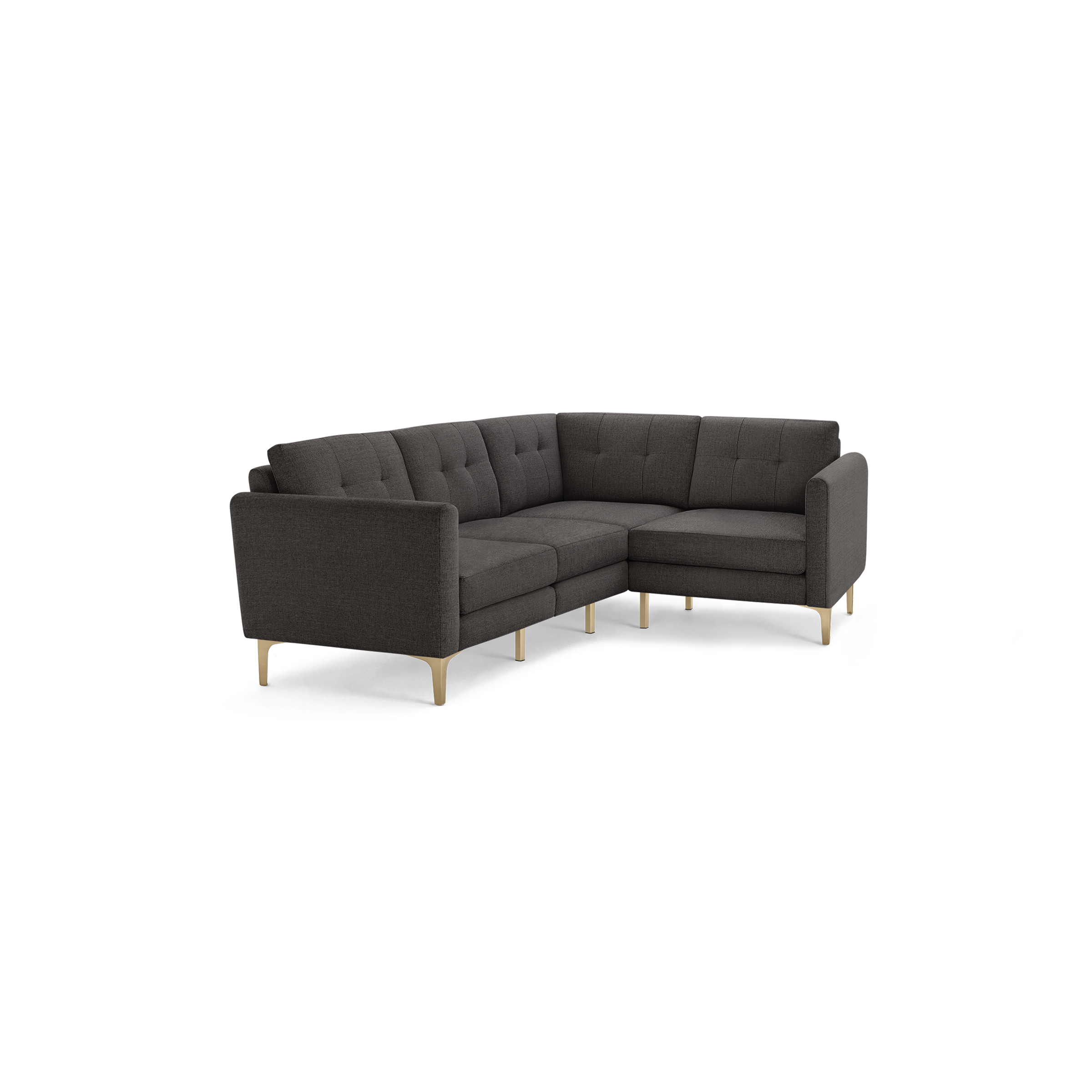 Modern dark gray L-shaped sectional sofa with tufted cushions and light wooden legs, designed for living room comfort and style.
