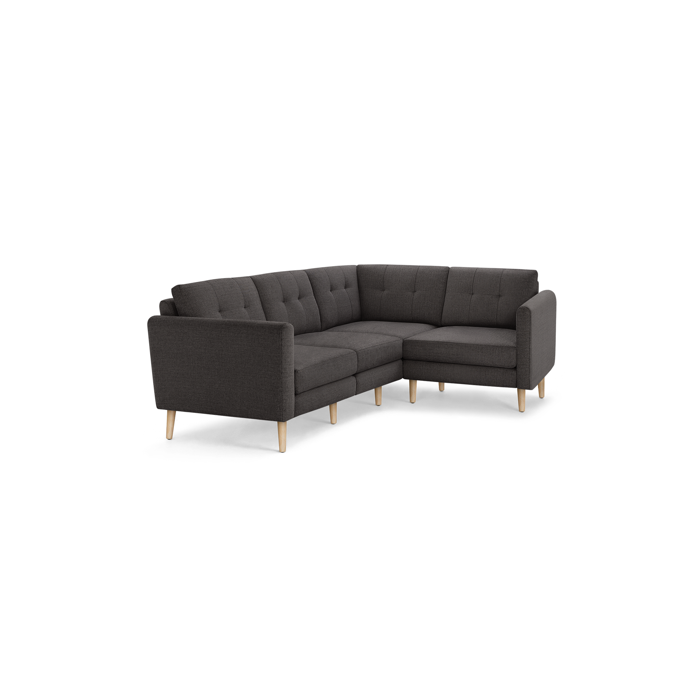 Dark gray L-shaped sectional sofa with tufted cushions and light wooden legs, designed for modern living rooms.