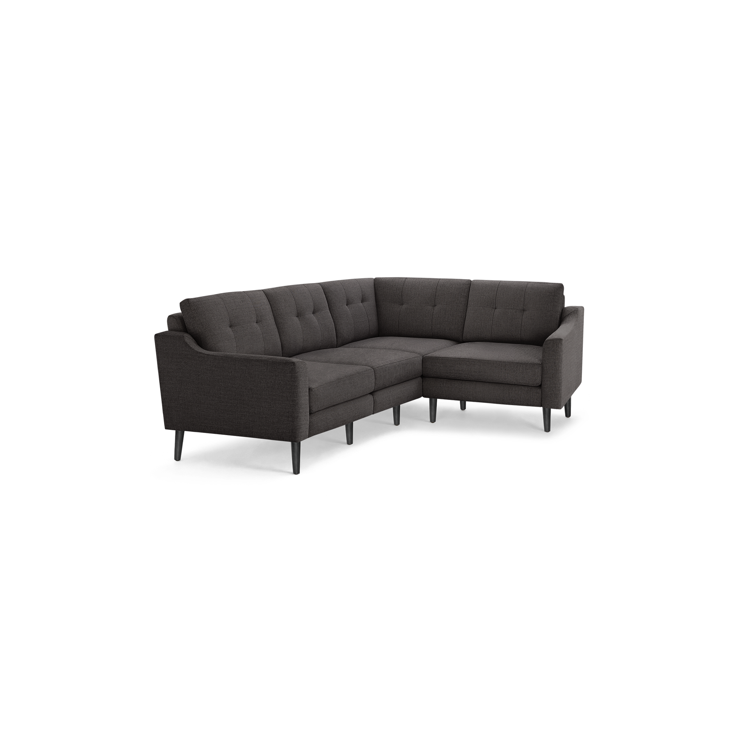 Dark gray upholstered L-shaped sectional sofa with tufted back cushions and black tapered legs.