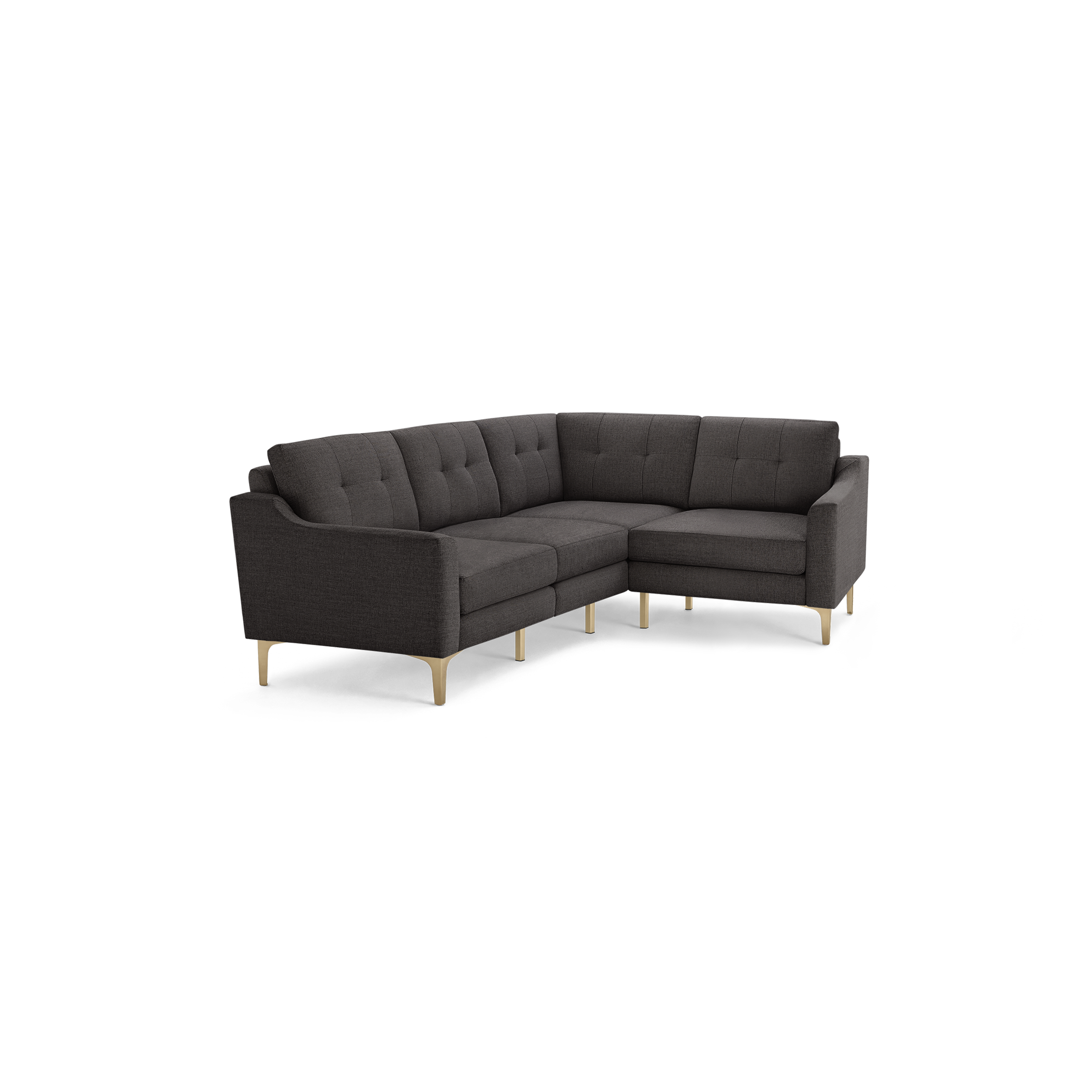 Dark gray tufted fabric L-shaped sectional sofa with light wooden legs and slightly curved armrests.