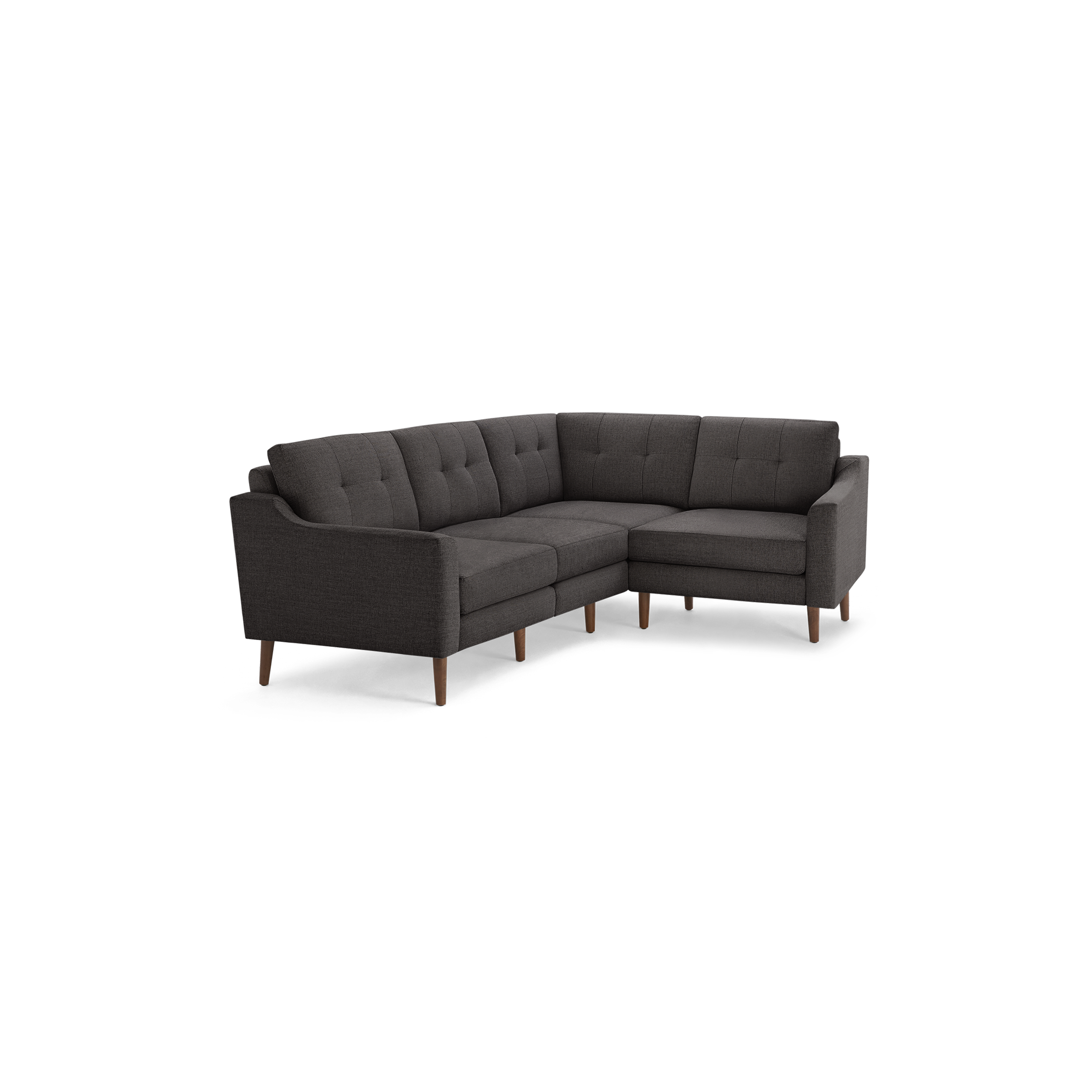 Dark gray L-shaped sectional sofa with tufted cushions and wooden tapered legs, modern mid-century design, offering comfortable seating for living rooms.