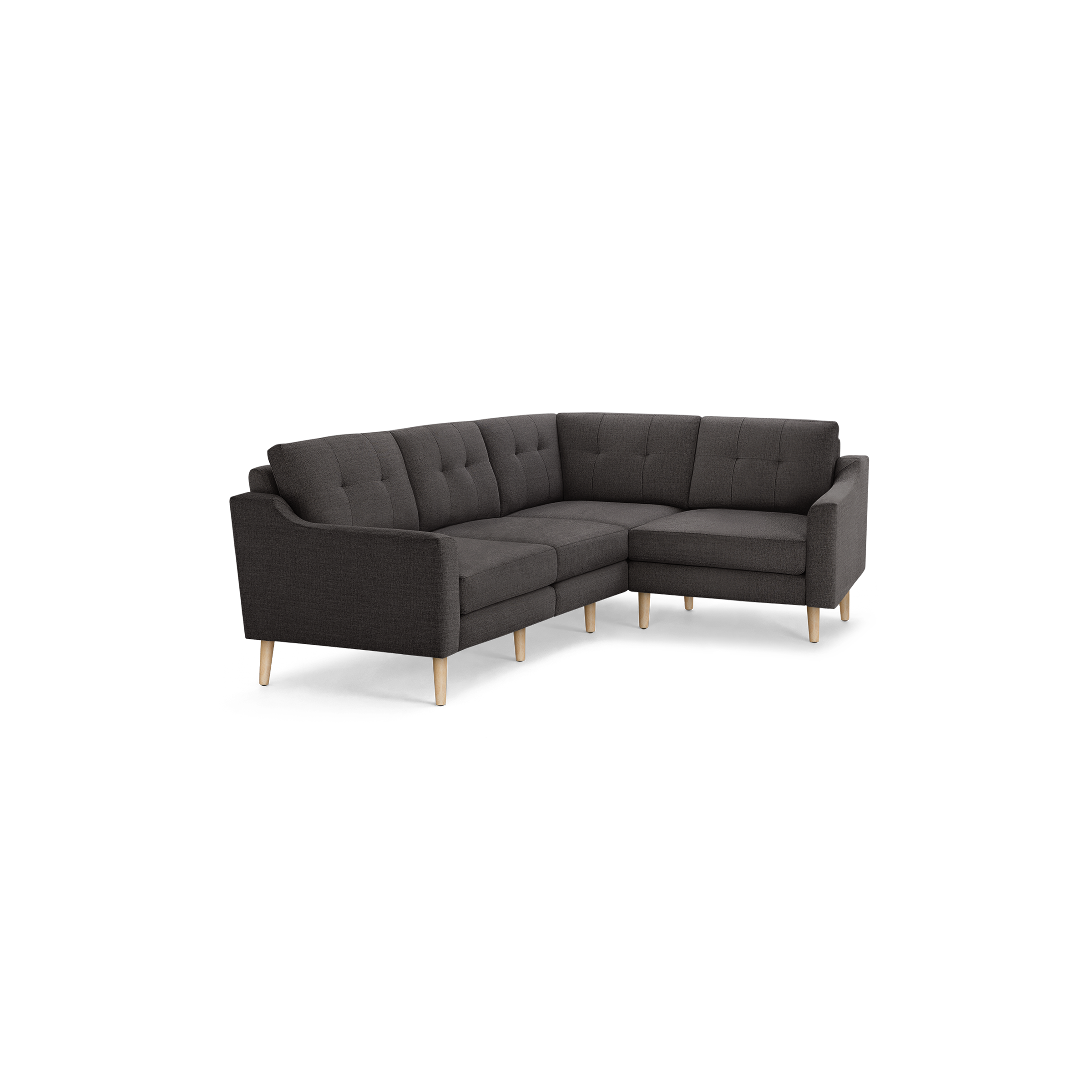 Dark gray fabric L-shaped sectional sofa with tufted back cushions and light wooden legs, offering modern style and comfort.