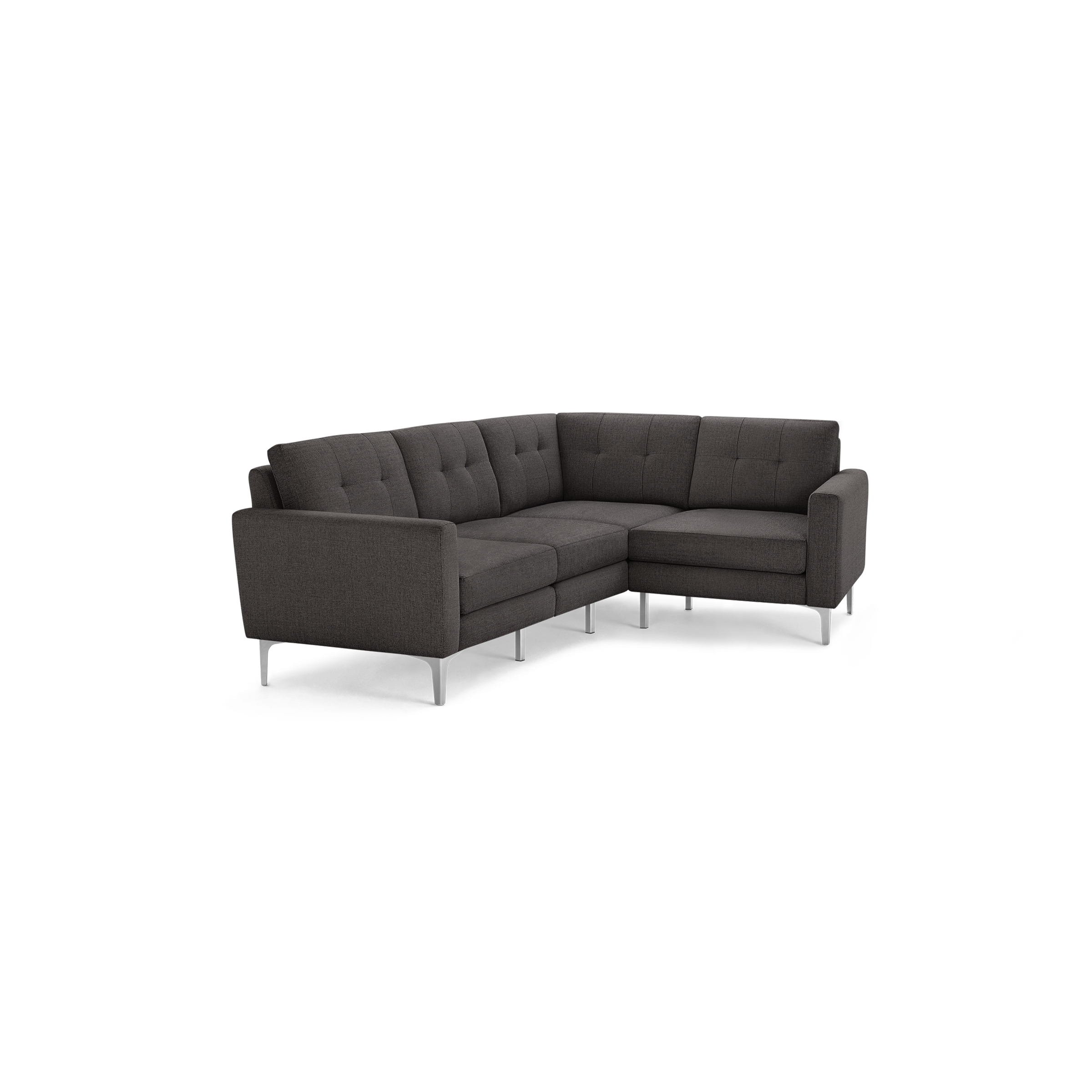 Dark gray fabric upholstered L-shaped sectional sofa with tufted back cushions and slim silver metal legs.