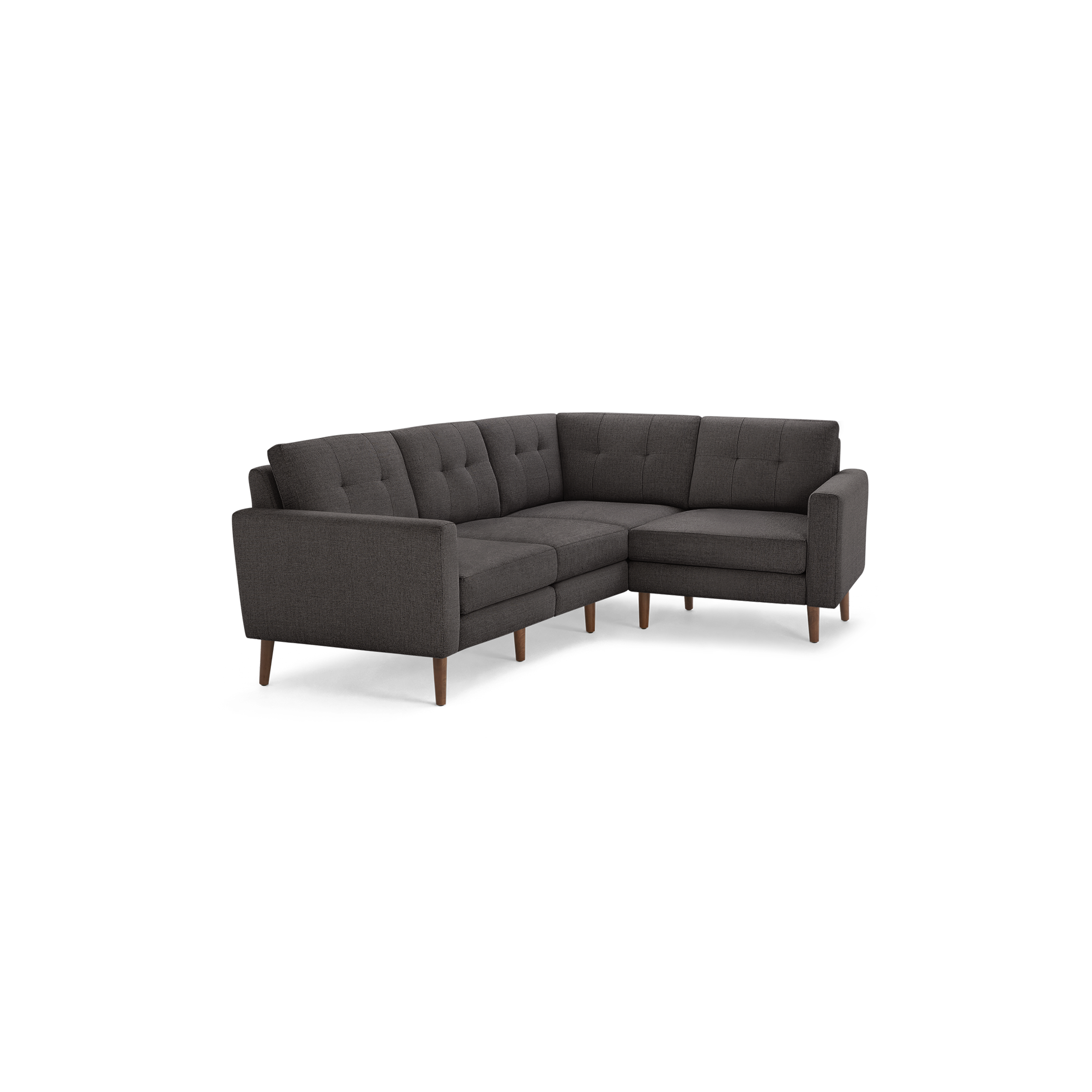 Dark gray L-shaped sectional sofa with tufted cushions, straight arms, and wooden tapered legs, modern and compact design.