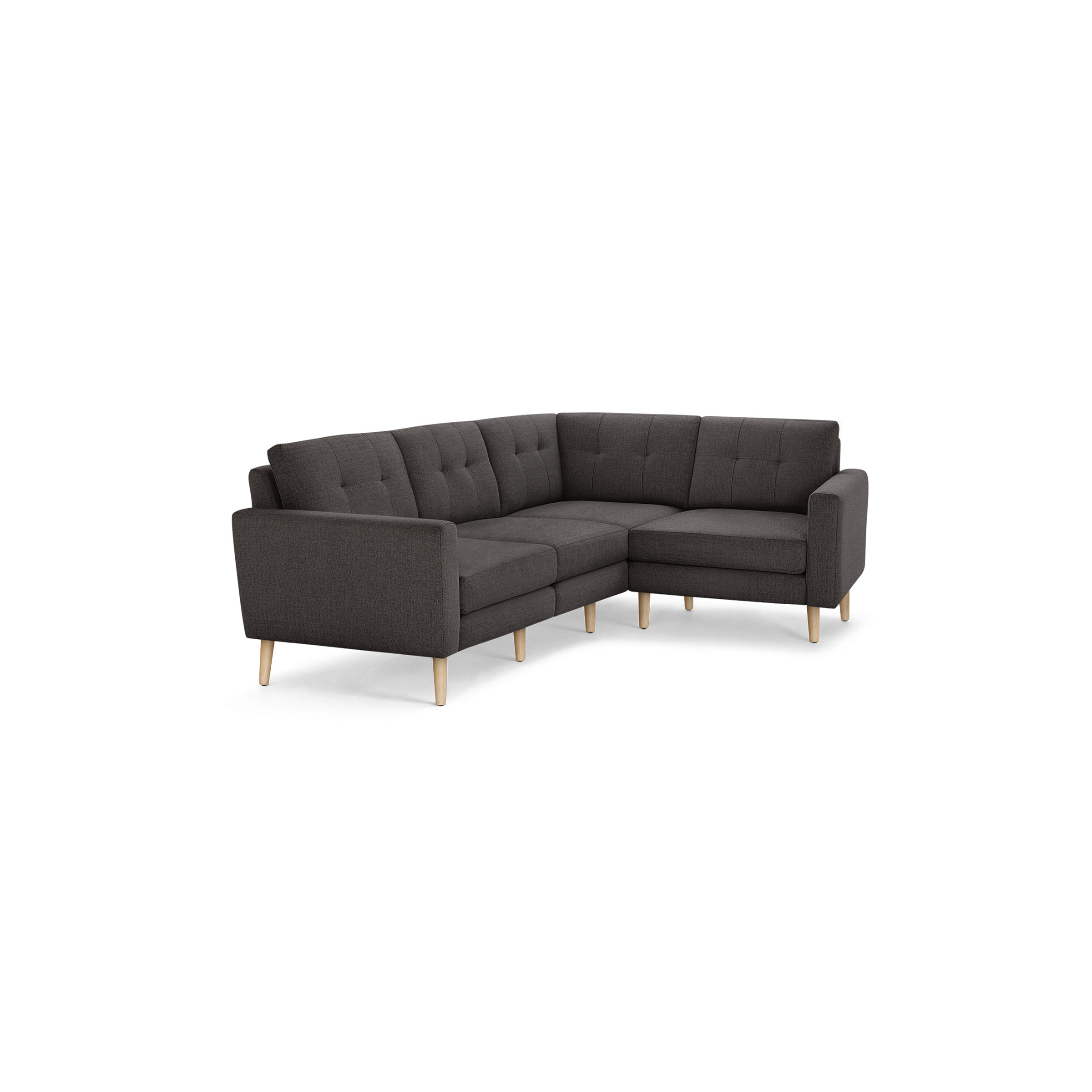 Modern dark gray fabric sectional sofa with tufted back cushions and light wooden legs, featuring an L-shaped design.