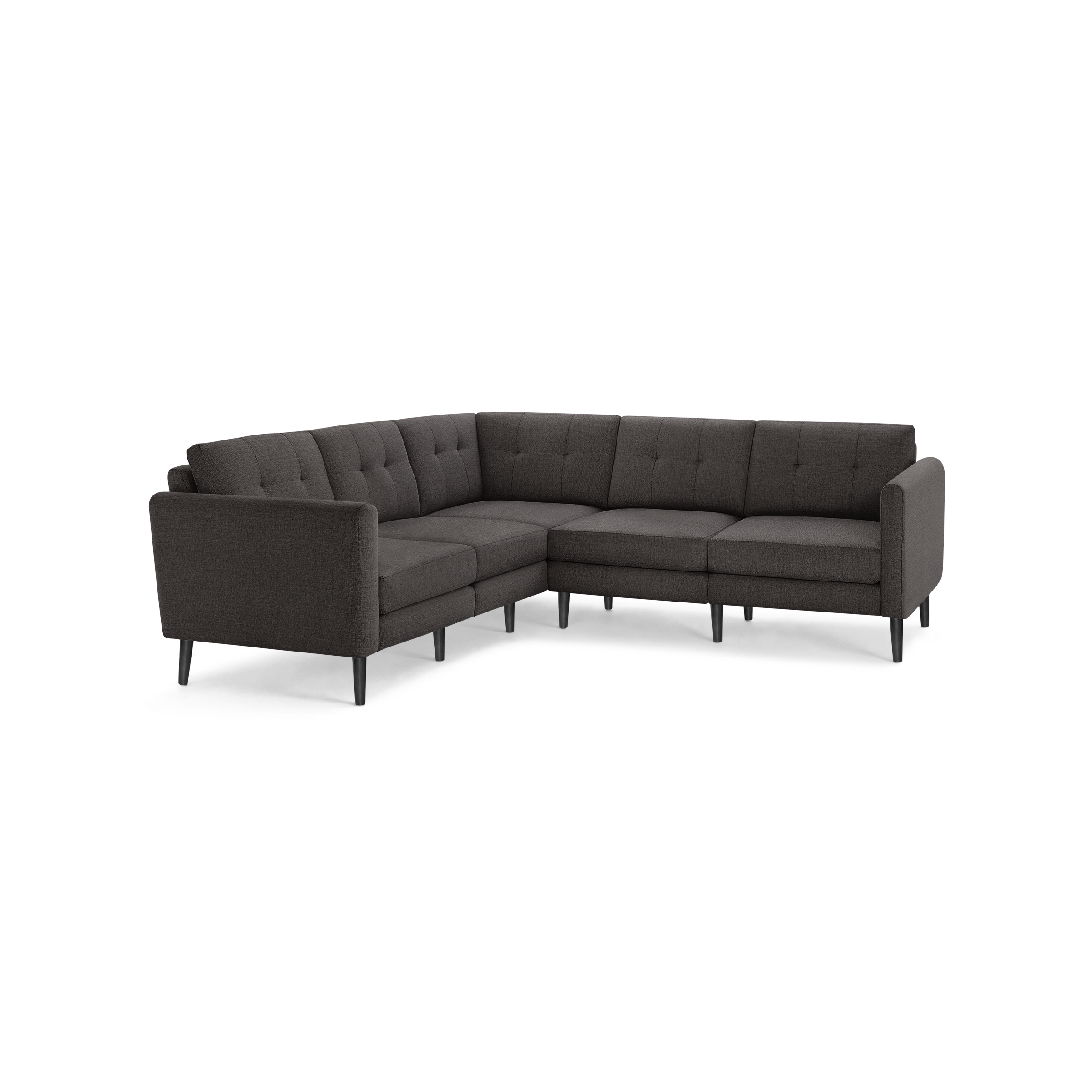 Dark gray fabric L-shaped sectional sofa with button-tufted back cushions and slim black wooden legs.