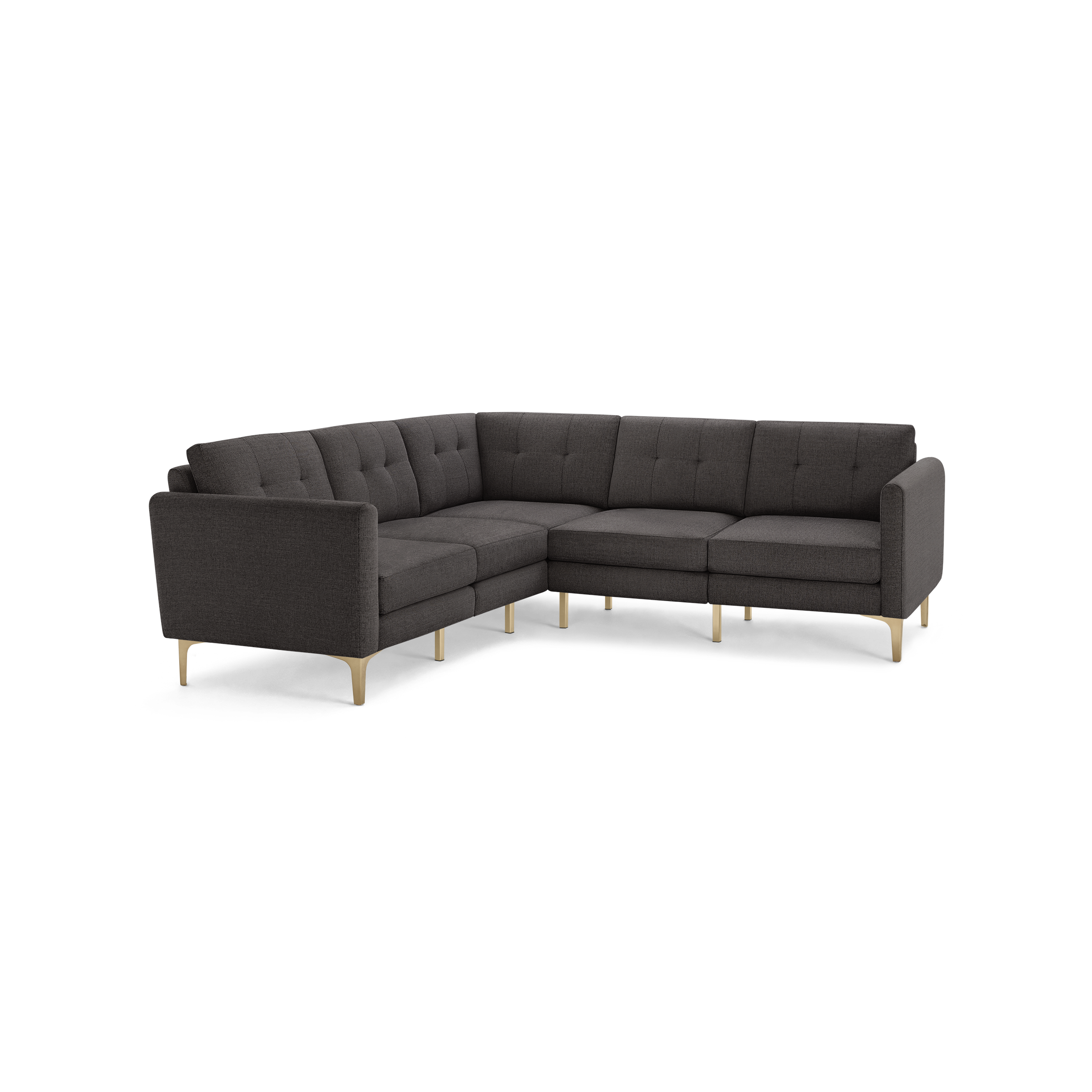 Modern L-shaped sectional sofa with dark gray tufted fabric upholstery and light wooden legs, designed for living room comfort and style.