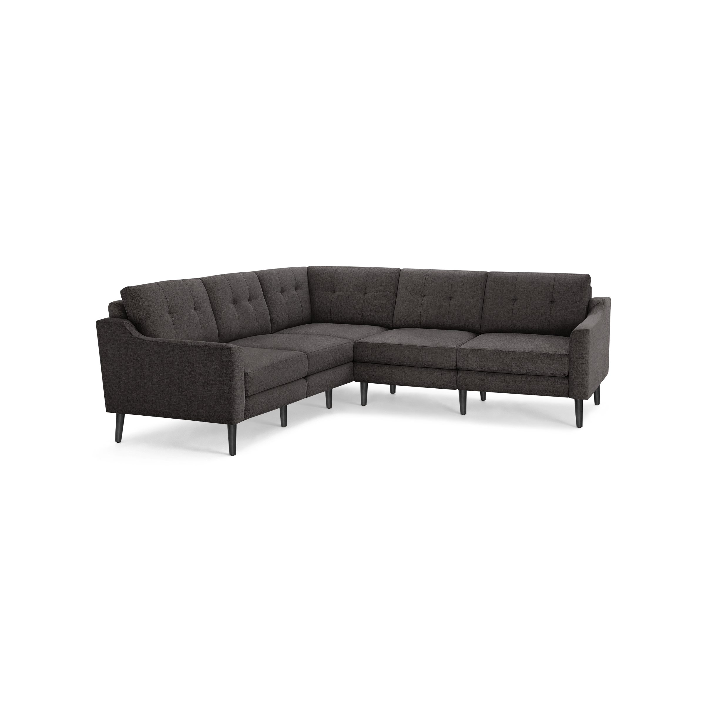 Dark gray fabric L-shaped sectional sofa with tufted cushions and black wooden legs, featuring modern clean lines.