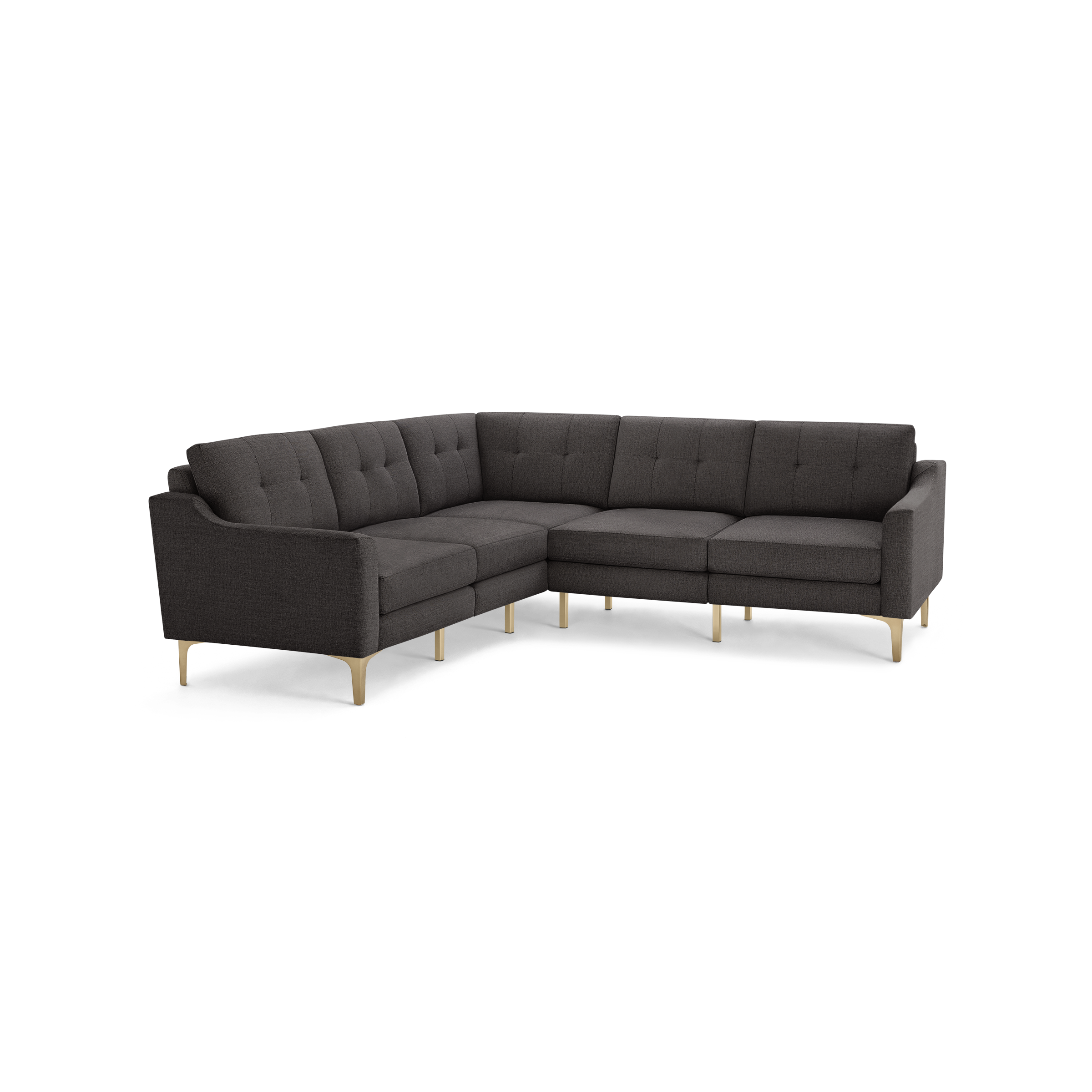 Dark gray upholstered L-shaped sectional sofa with tufted back cushions and slim light wooden legs.