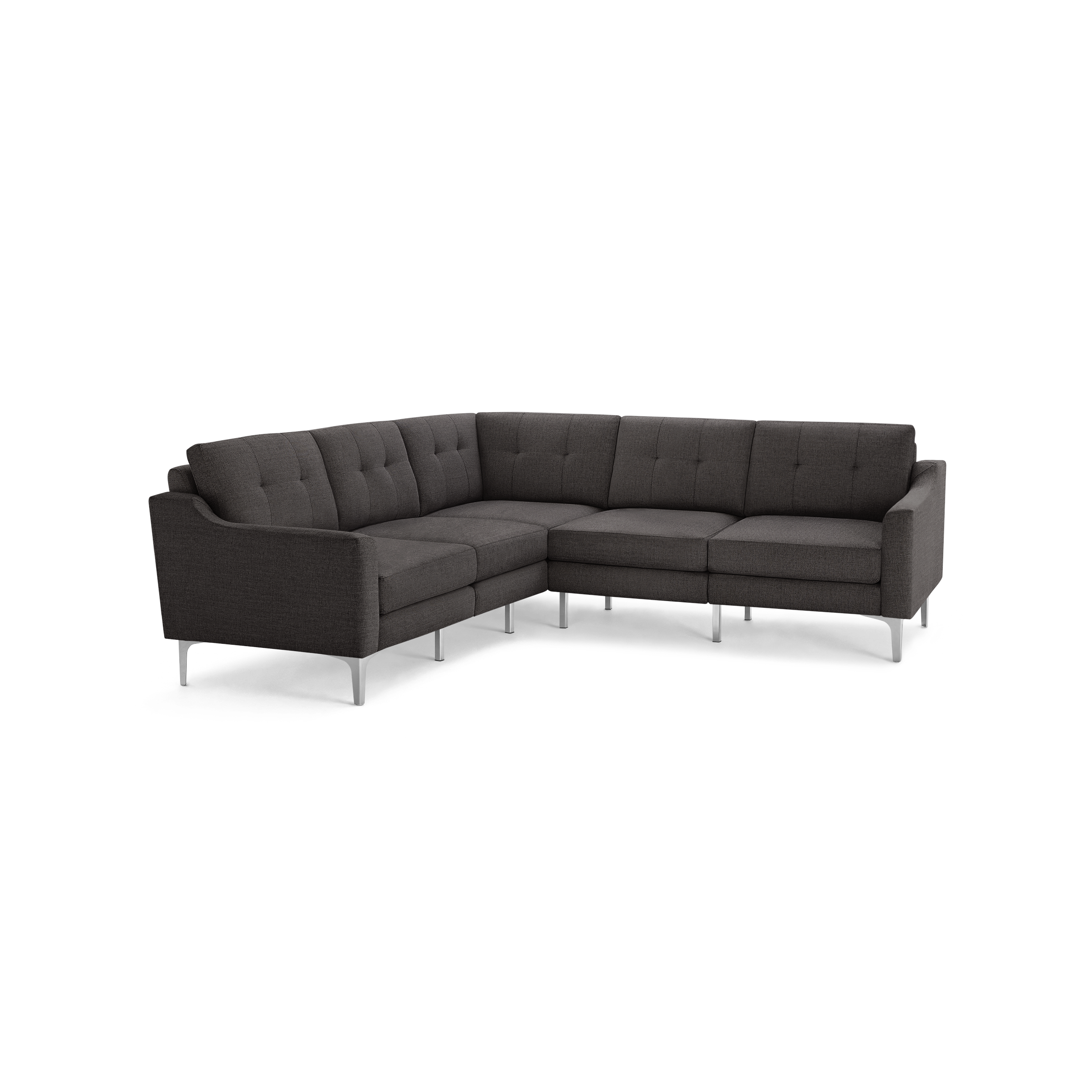 Dark gray fabric L-shaped sectional sofa with tufted back cushions and sleek metal legs, modern design.