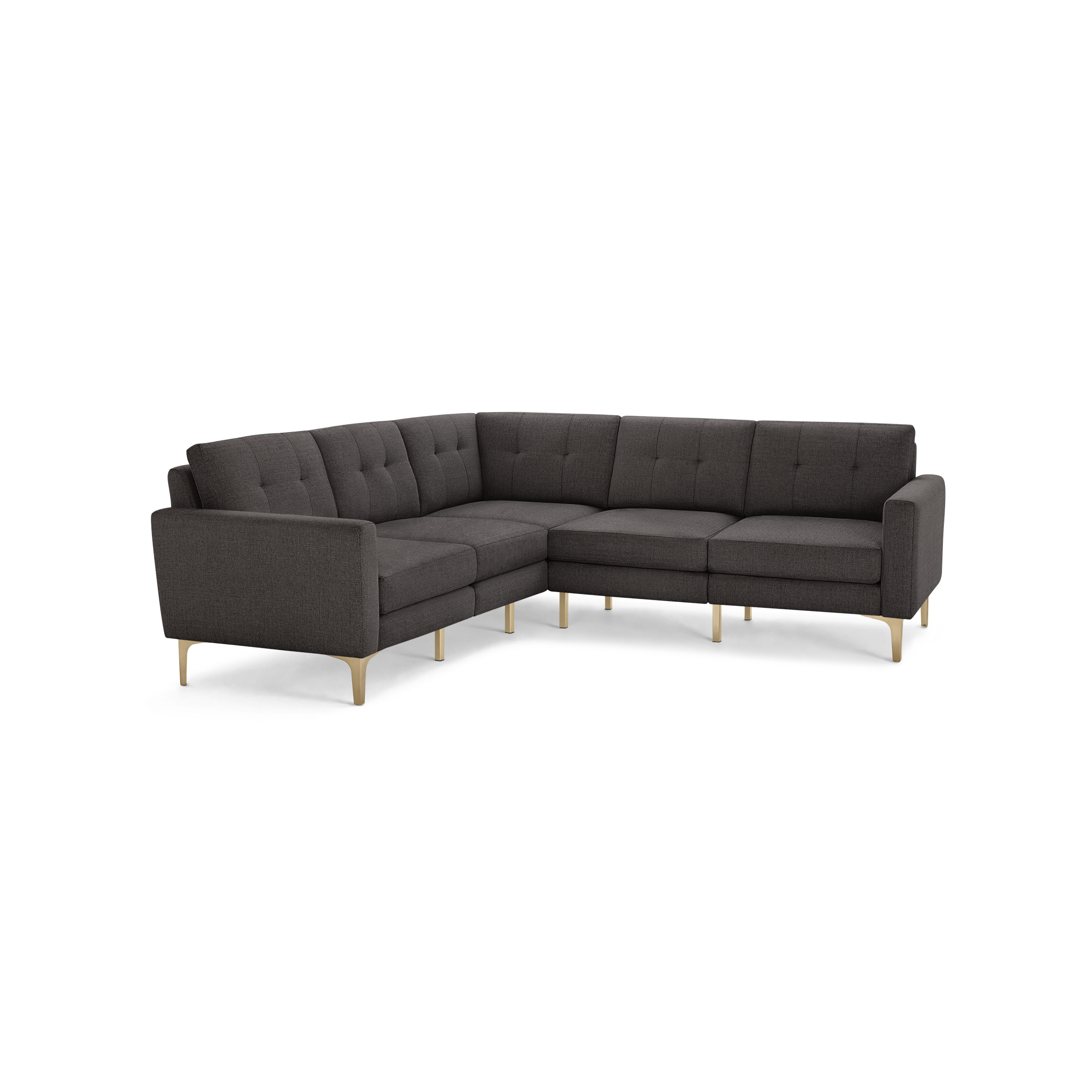Dark gray fabric L-shaped sectional sofa with tufted back cushions and light wooden legs.