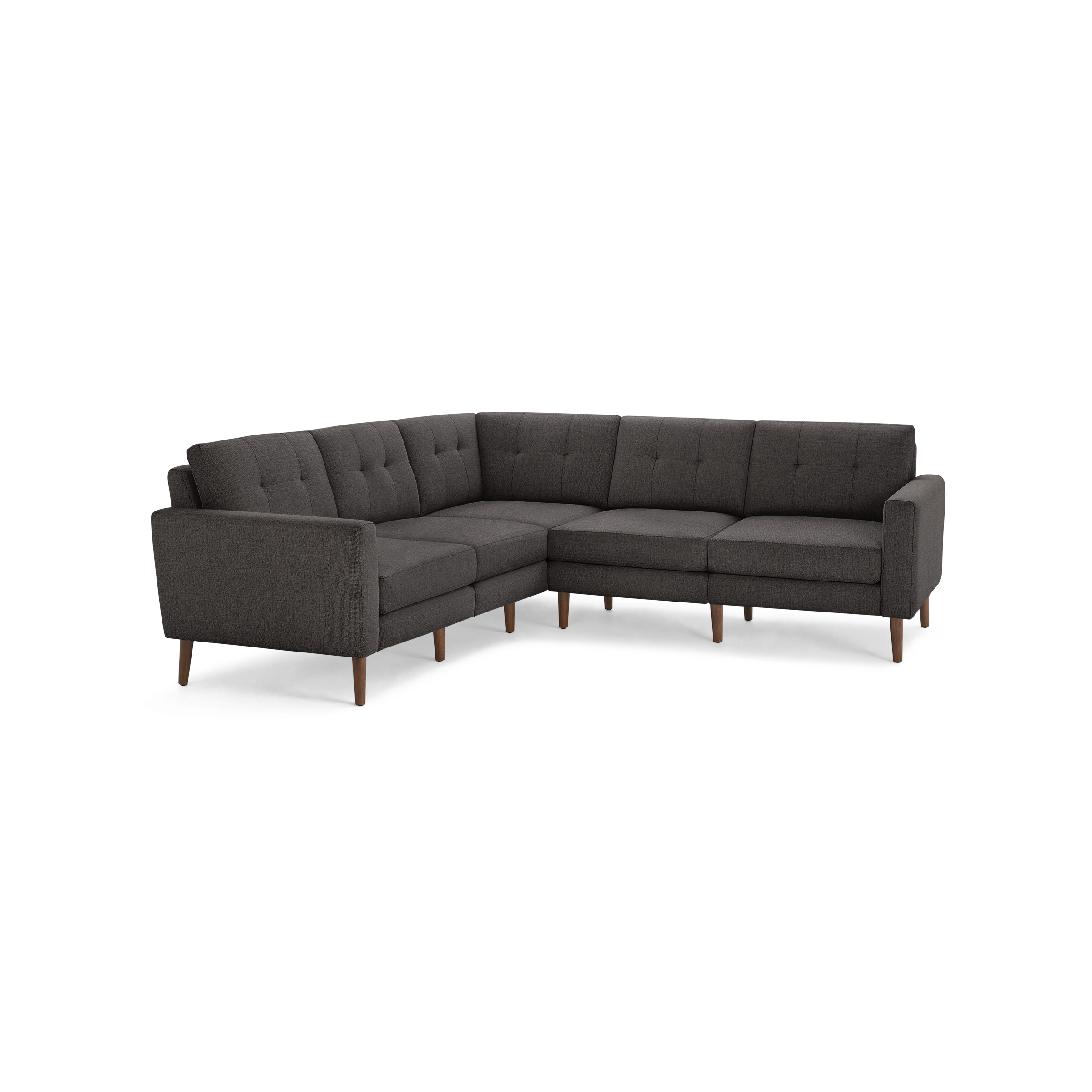 Modern dark gray fabric sectional sofa with tufted back cushions and wooden tapered legs, designed for corner seating.