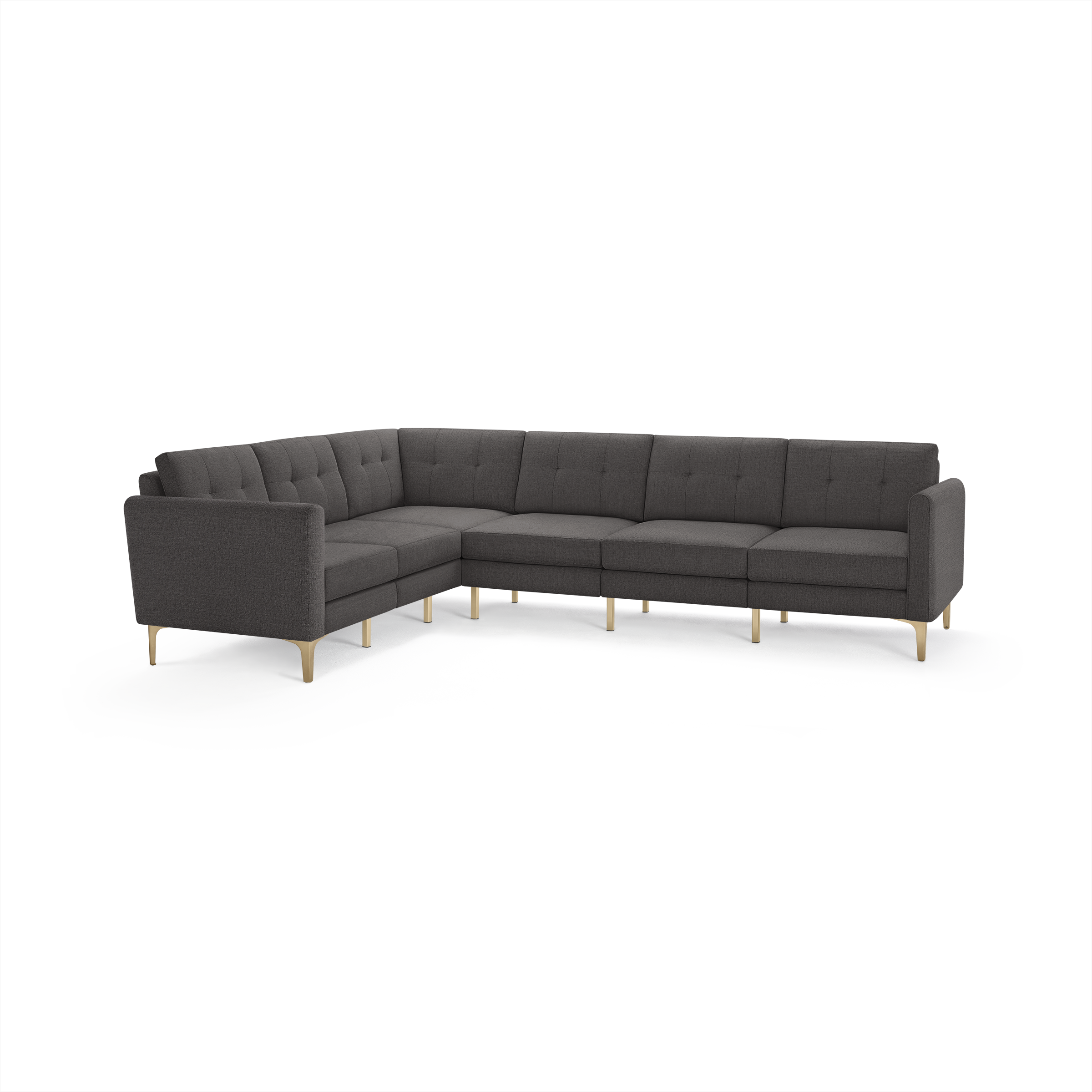 Dark gray tufted fabric L-shaped sectional sofa with slim, light wood legs and straight armrests.