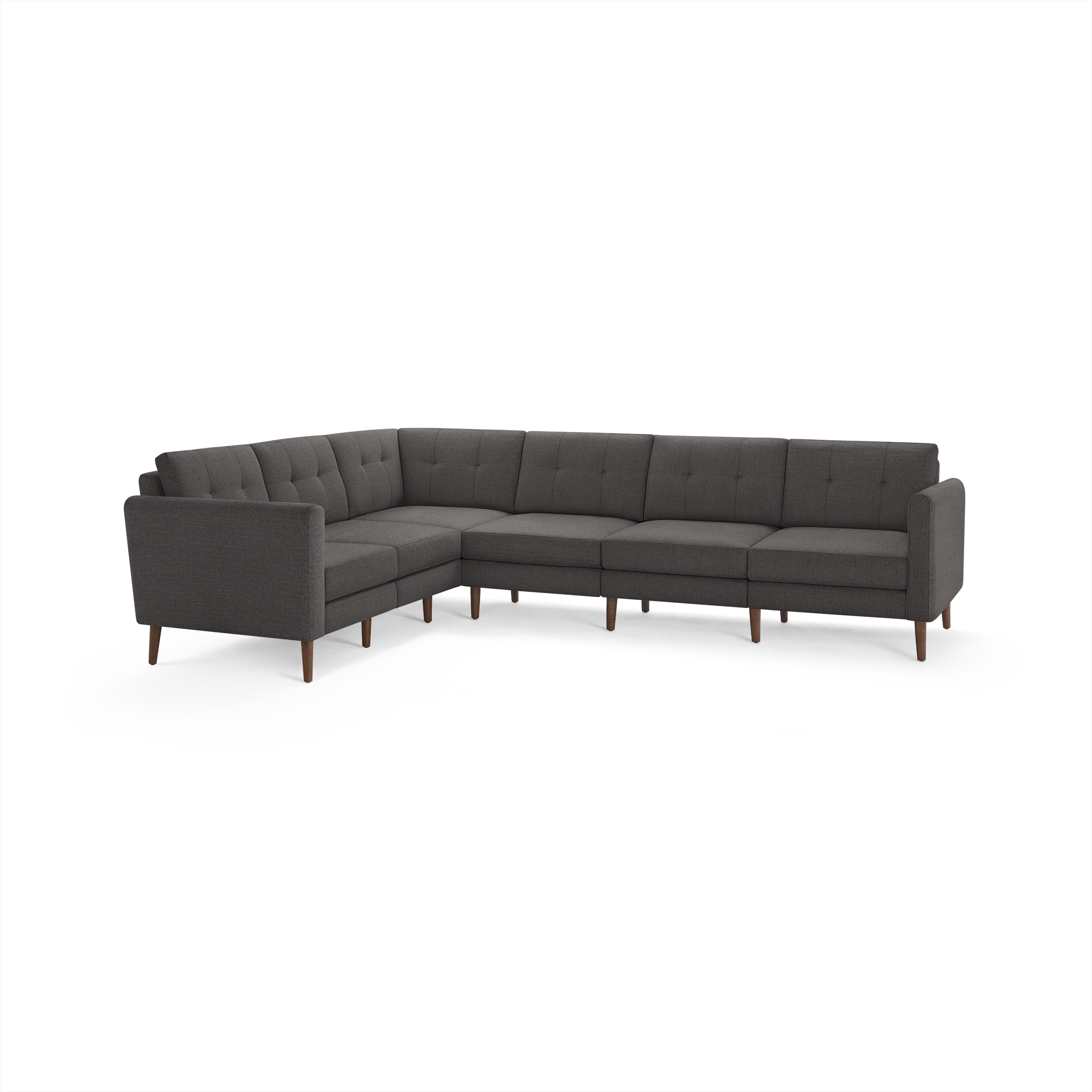Dark gray tufted fabric sectional sofa with wooden legs, featuring a modern L-shape design with straight arms.