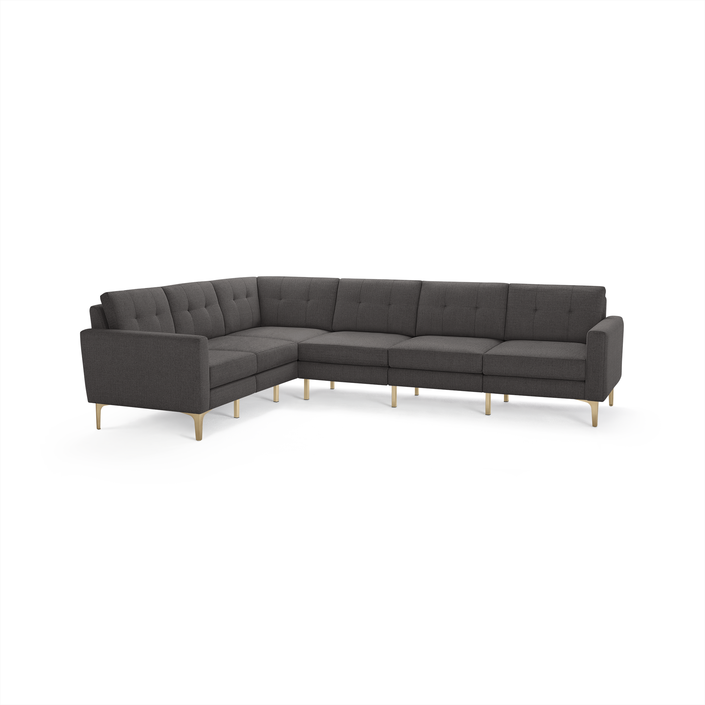 Dark gray L-shaped sectional sofa with tufted back cushions and light wooden angled legs.