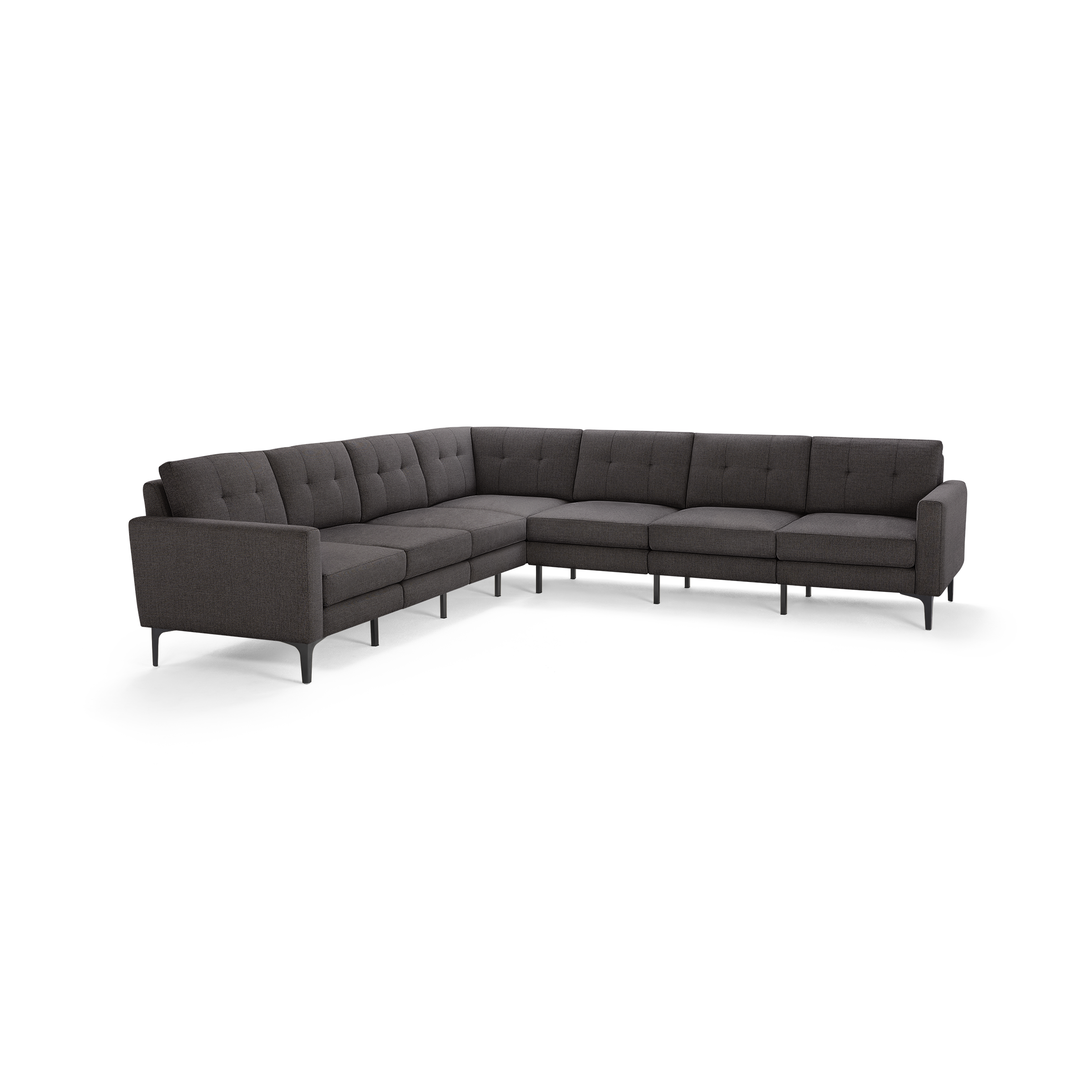 Dark gray L-shaped sectional sofa with tufted back cushions, slim armrests, and black metal legs on a white background.