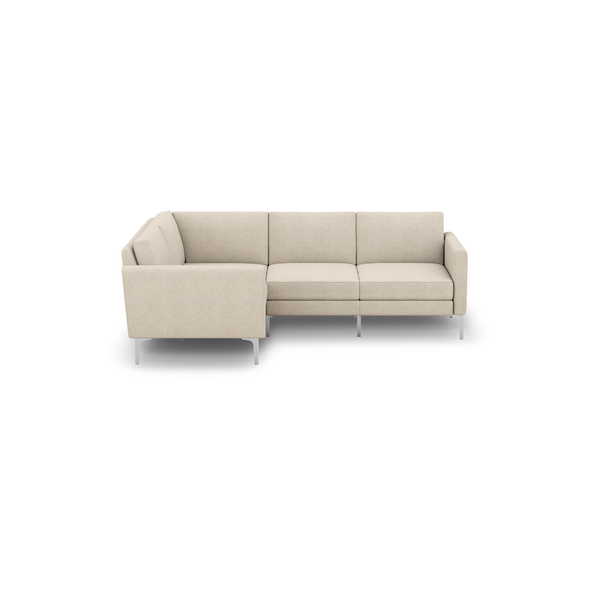 Beige L-shaped sectional sofa with clean lines, metal legs, and cushioned back and seat for modern living room.